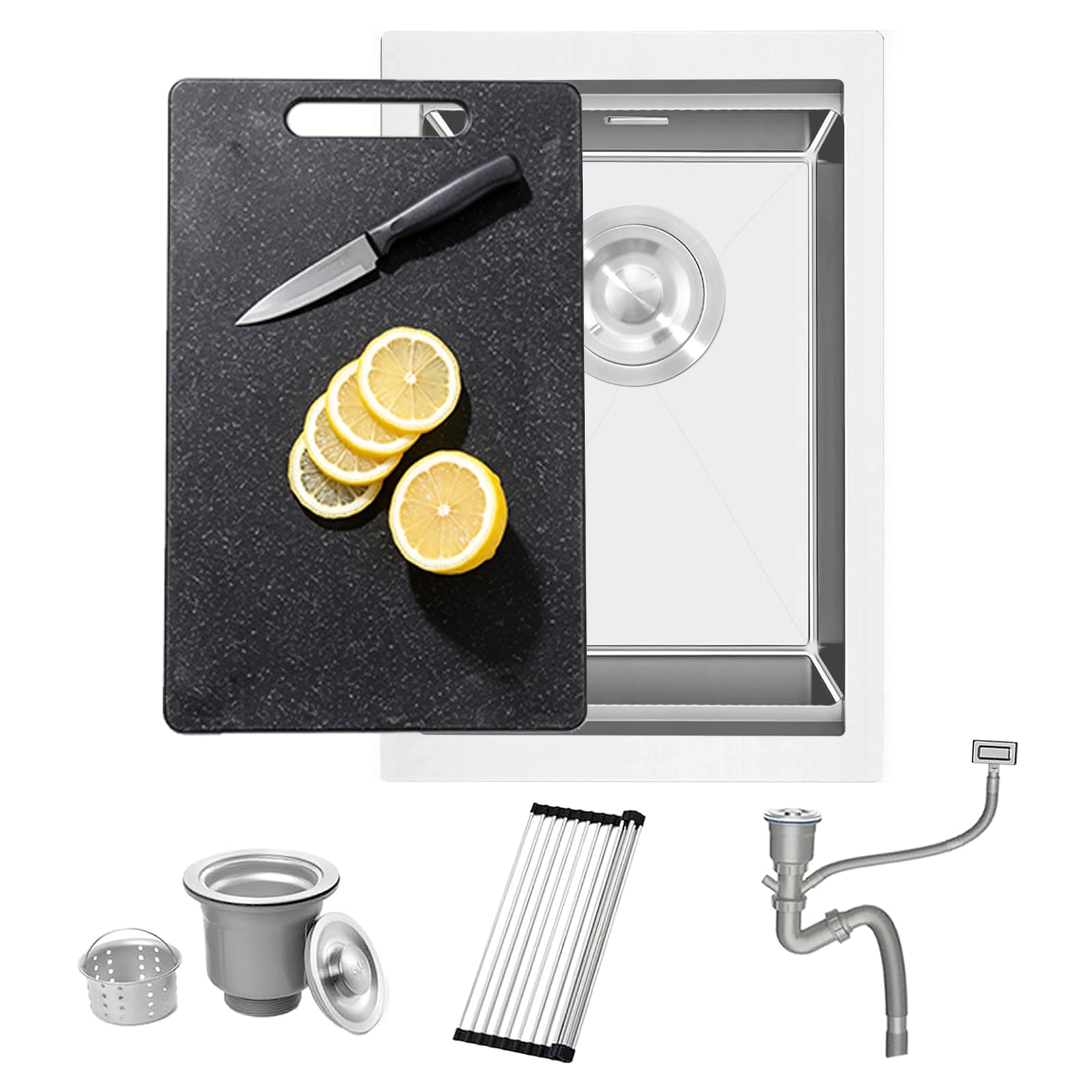 Fregadero de bar de acero inoxidable, 30 x 45 cm, pequeño fregadero de bar, fregadero bajo encimera, calibre 16, mini fregadero de cocina para autocaravana con rebosadero, estante con ruedas y sifón