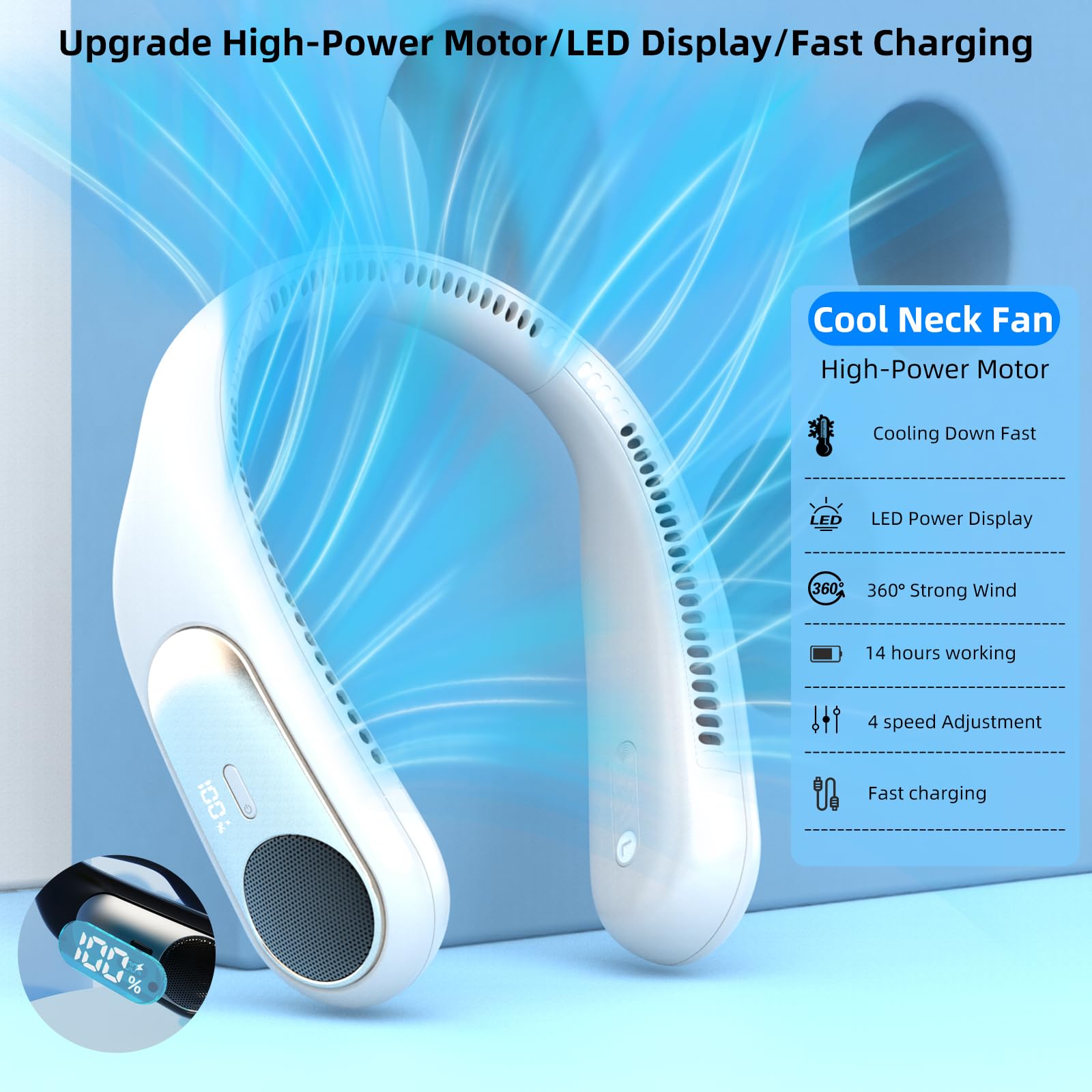 Ventilador de cuello portátil, ventilador personal sin aspas, pantalla LED, 4 velocidades, recargable por USB de 6000 mAh, viento de enfriamiento fuerte de 360°, manos libres, larga duración, regalos 3