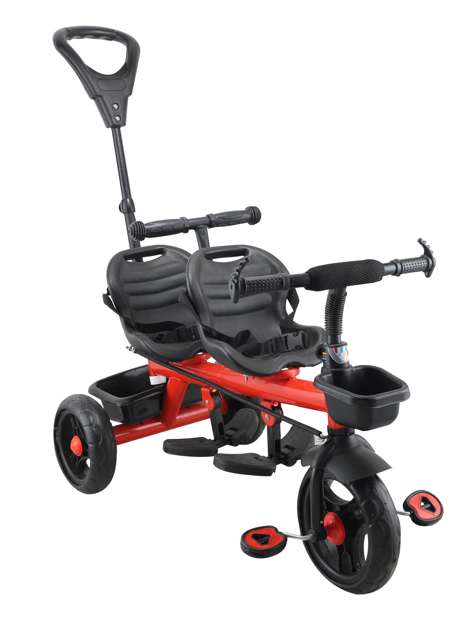 JoyRide Twin Trekkers Kids Tricycle with Parental Adjust Push Handle Children Seat Belt Dual Steering 2 footrest 2 Big seat Kids trikes Ride on Cycle Outdoor Toddler Bicycle for Boys & Girls (RED)-image-15