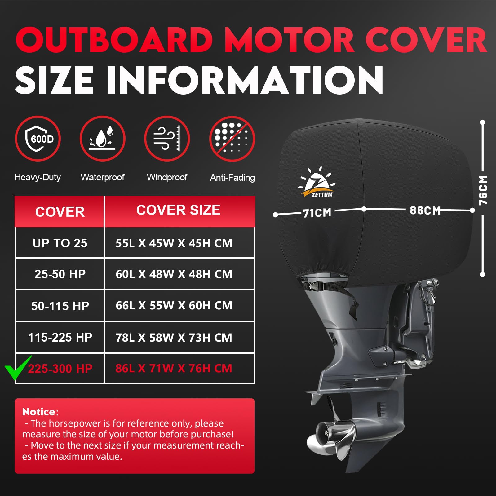 Zettum Housse de Moteur Hors Bord pour Moteurs de 225 à 300 HP, Housse 600D, étanche et résistante, Compatible avec Les Moteurs Yamaha, Mercury et Parsun