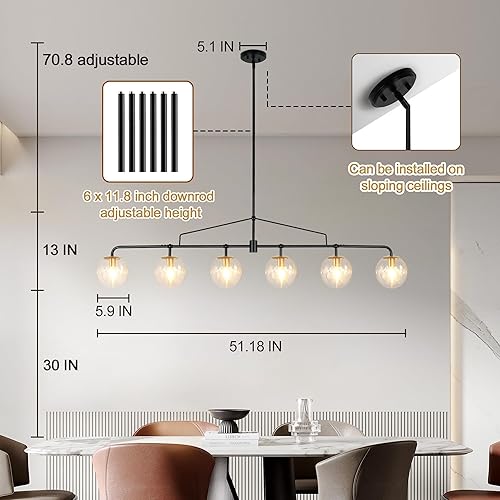Miniatura 2 de Candelabro Lineal Moderno Negro y Dorado Lámpara de Comedor Accesorio de Iluminación Globo de Cristal Sembrado Candelabro Lineal 6 Luces para Granja