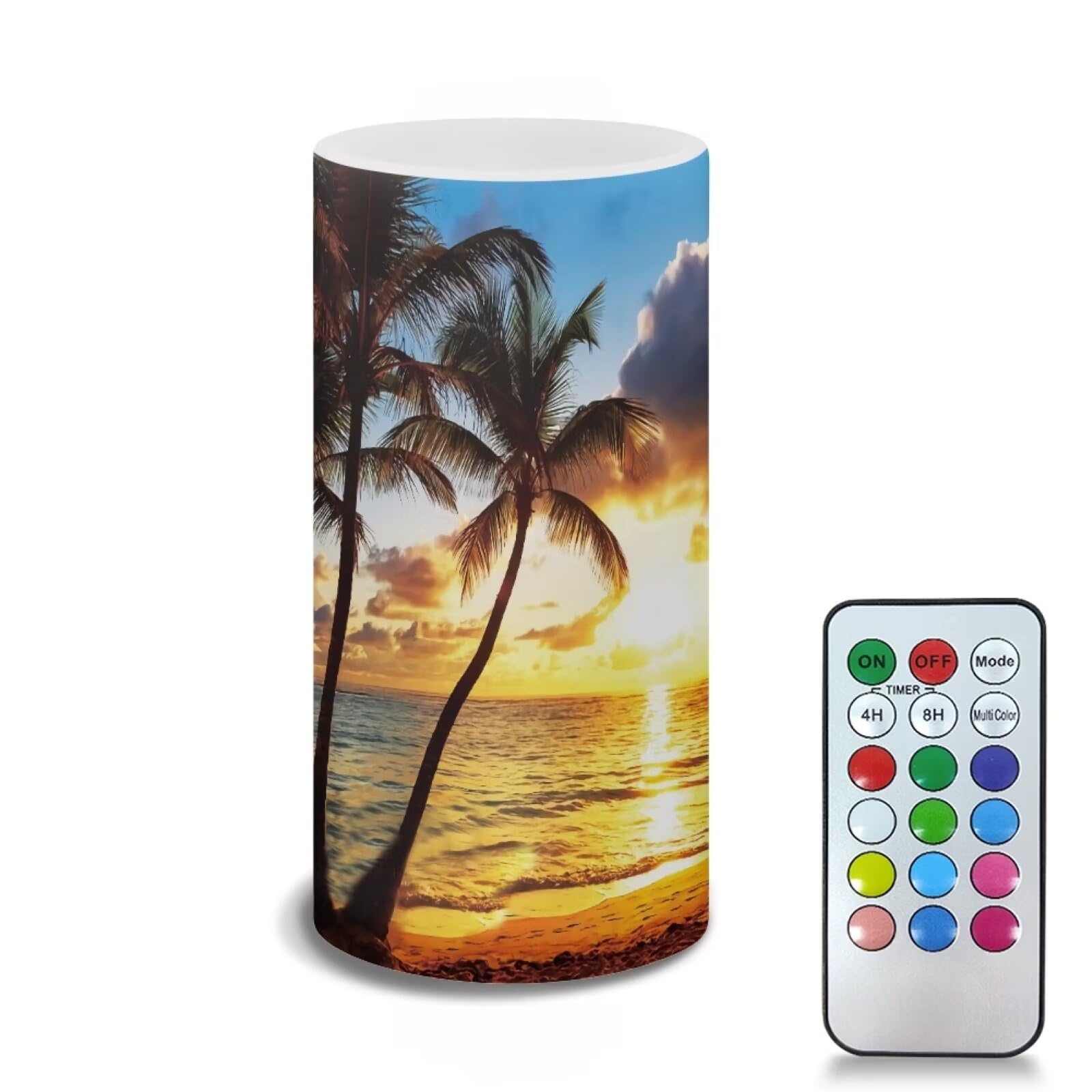Poceacles Flameless Candle Flame Effect Realistic LED Lights, Battery Operated Flameless Table Lamp with Timer Remote Colors Changing Hawaii Home Decor, Hawaiian Palm Tree Gold Sunshine