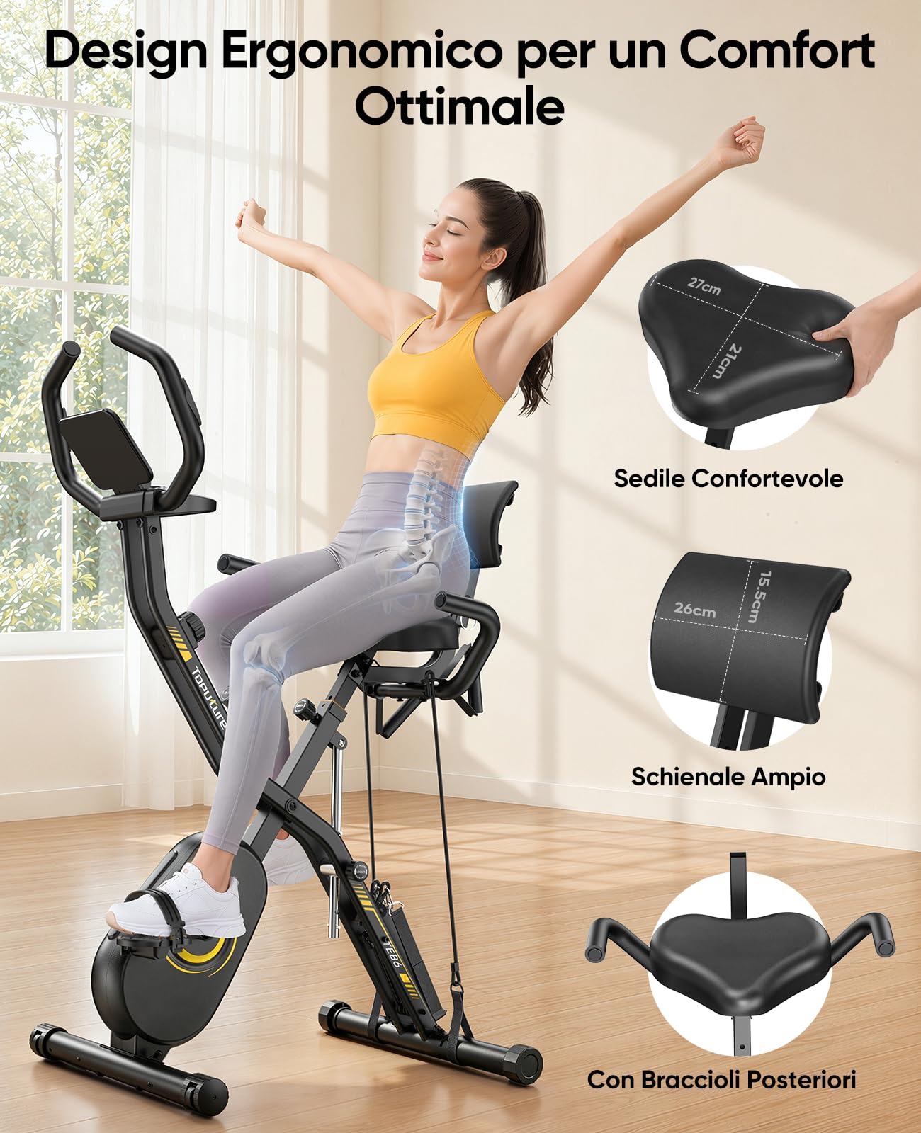 Nuova Toputure Cyclette da Casa Pieghevole con APP, Cyclette Pieghevole 5 in 1 con 16 Livelli di Resistenza, Display LCD e Cardiofrequenzimetro, Fasce Elastiche, Ultra Silenziosa, Portata 150 kg
