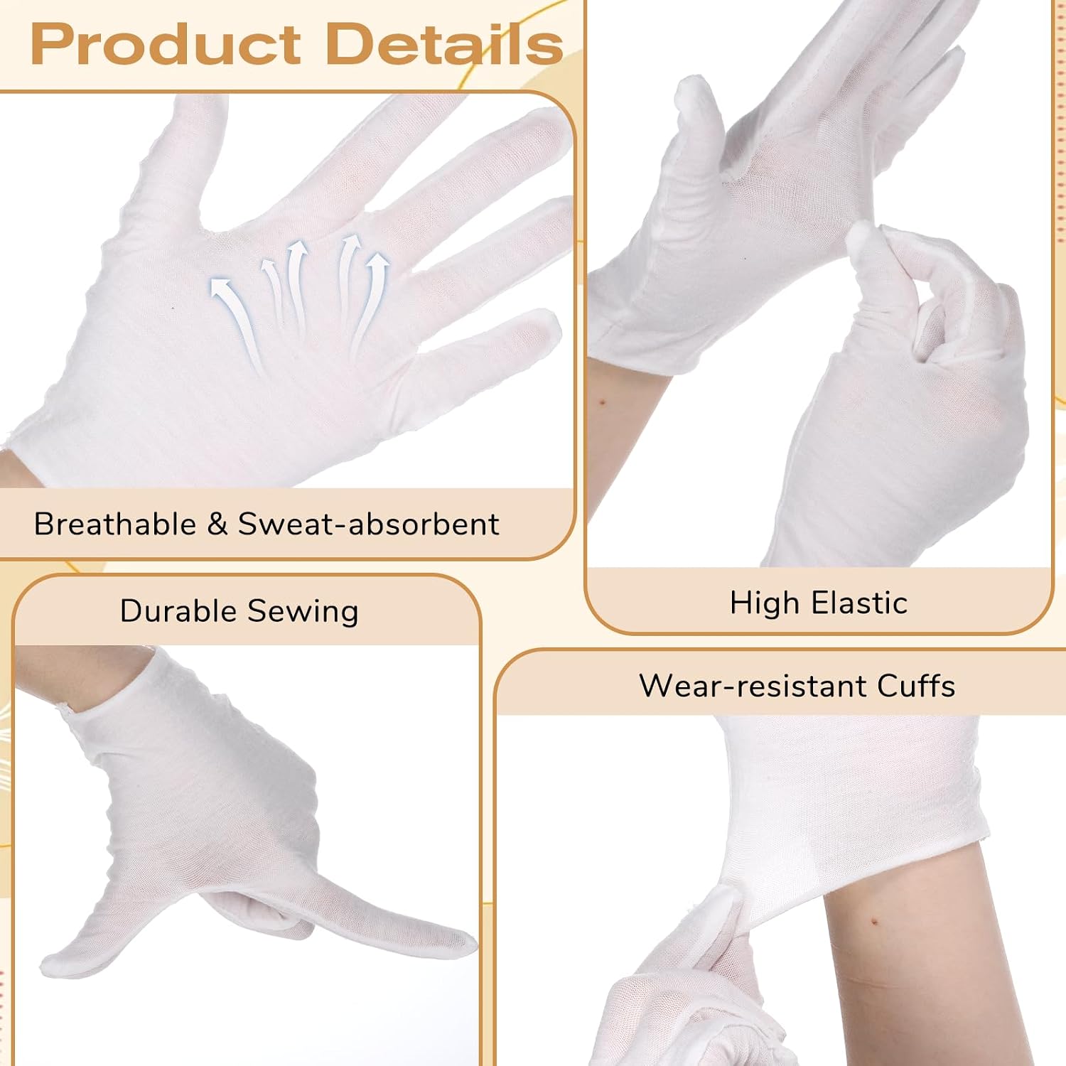 6 Pairs White Cotton Gloves for Dry Hands Sleeping Soft Breathable Gloves for Women and Men Stretchy Work Glove for Coin Jewelry Inspection Arts Crafts Wedding Costume Spa