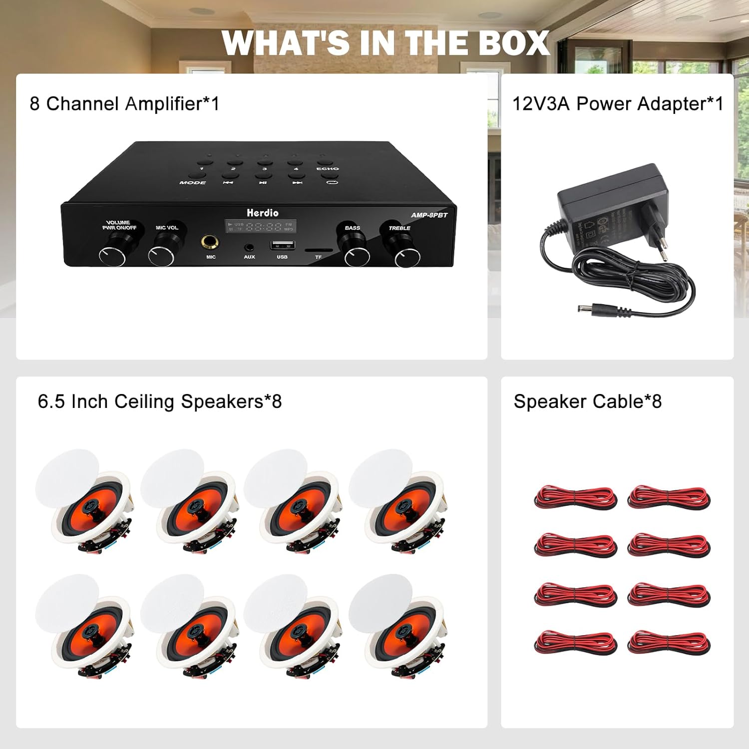 Herdio 6.5" Bluetooth Ceiling Speakers with 8-Channel 4-Zone Amplifier Set, Support Bluetooth 5.4 & Independent Power ON/Off Function for Home Theater, Multi-Room Audio System (8 Speakers)