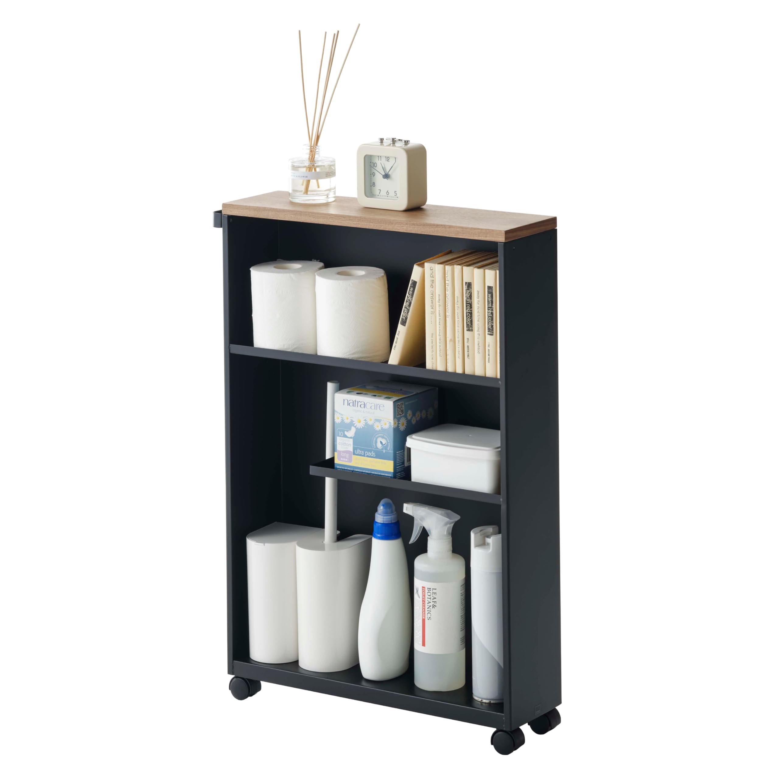 YAMAZAKI Home Tower Rolling Slim Bathroom Utility Cart with Handle - Storage Shelf Narrow Organizer Rack, 27" - Steel -