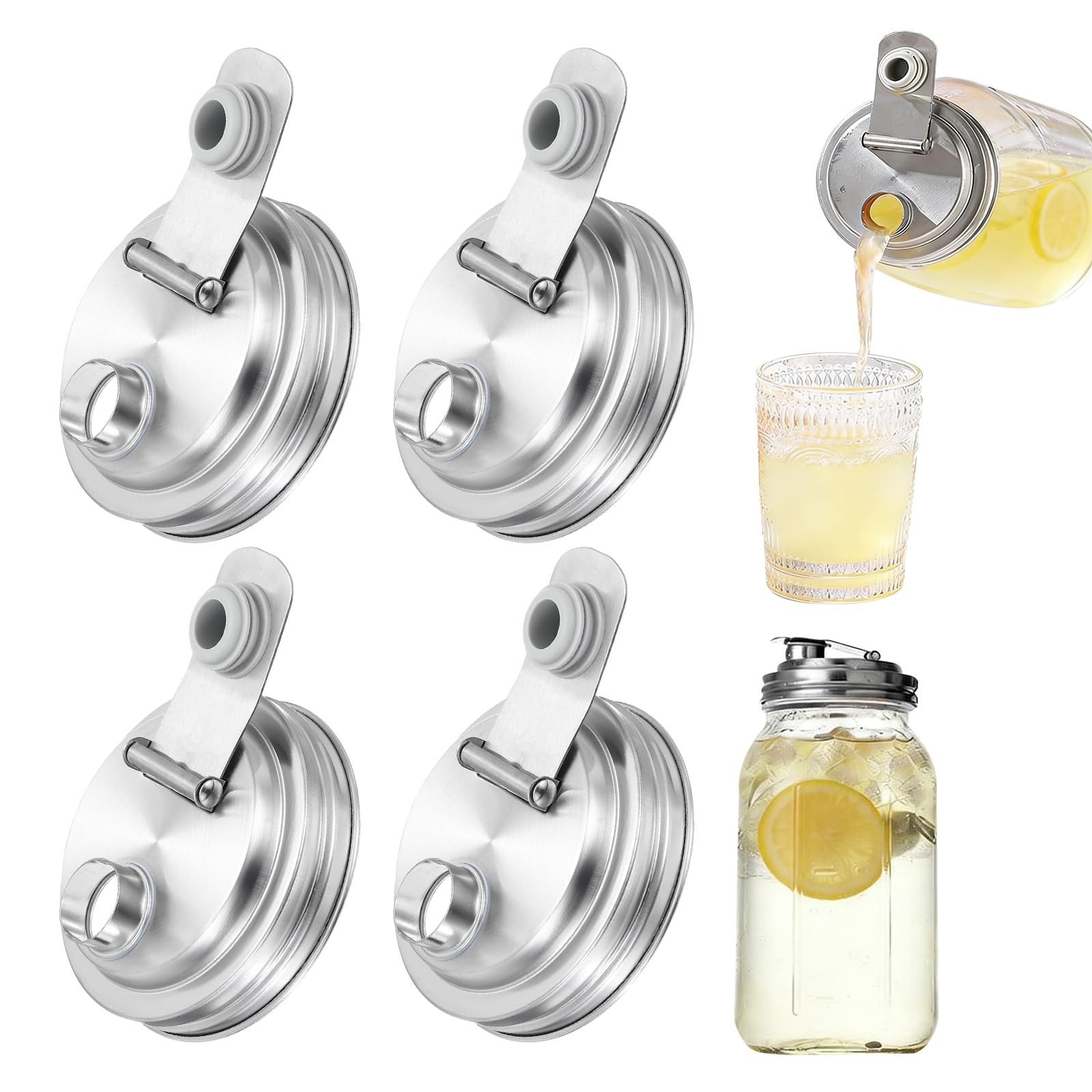 Couvercle bocal Mason en acier inoxydable avec bec verseur anti-fuite pour cuisine lot de 4