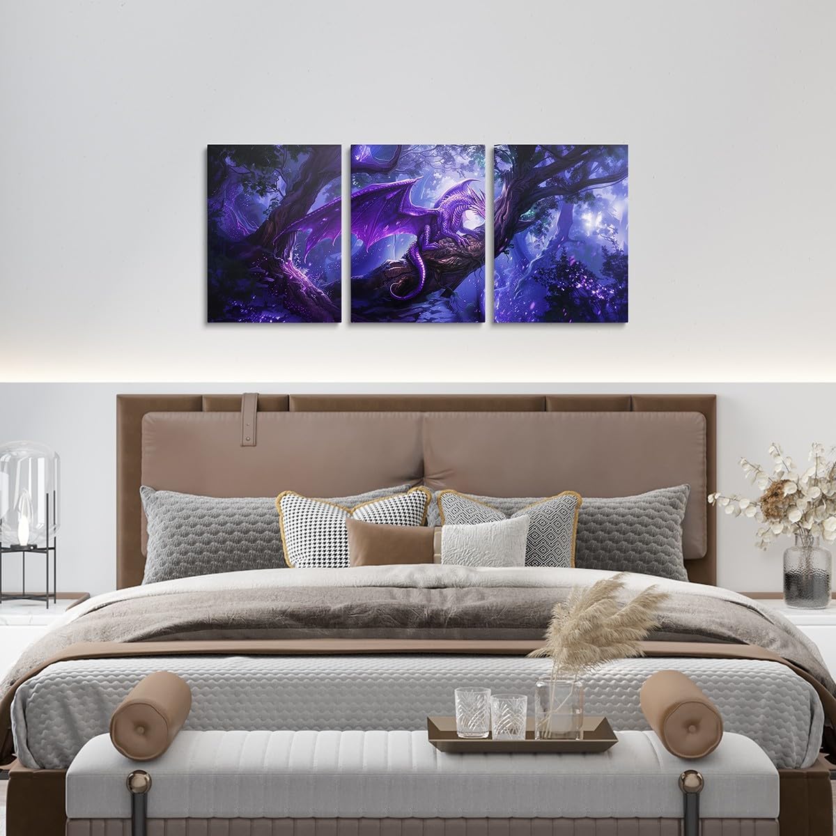 Manfei Dragon Canvas Wall Art Set Of 3 Pieces, Purple Flying Dragon Wall Decor Prints Home Artwork for Living Room Bedroom Decorative, Fairy Tale Animal Theme Wall Hanging, Kids Boys Girls Room Decor