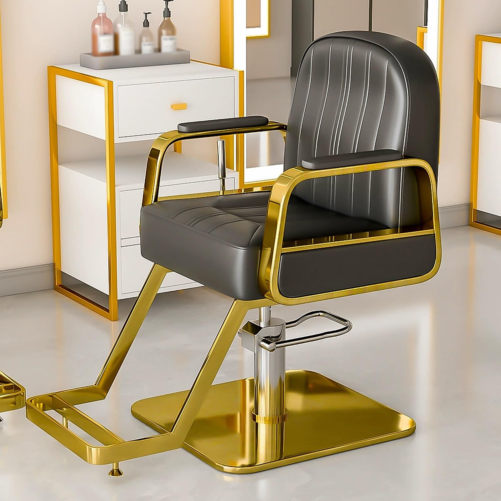 Sillas de barbero, Silla ergonómica para barbería - Silla de salón Ajustable de Cuero sintético con rotación de 360° y Base Dorada de Acero Inoxidable - Mobiliario Ideal para Salones de Bell