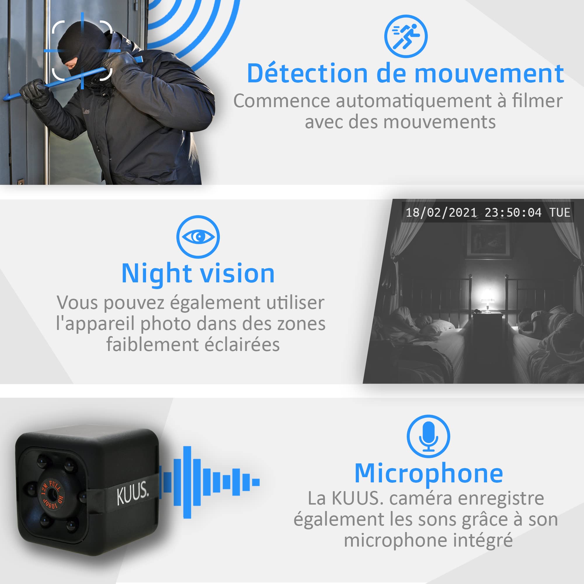 KUUS C1 Plus Petite Mini Caméra Espion d'europe 2,3cm Caméra Cachée sans WiFi Full HD 1080P, Micro Espion Discrète, Camera Surveillance sans Internet, SD 32 Go Class 10 U3 ISO 10000+ Vendus Pack
