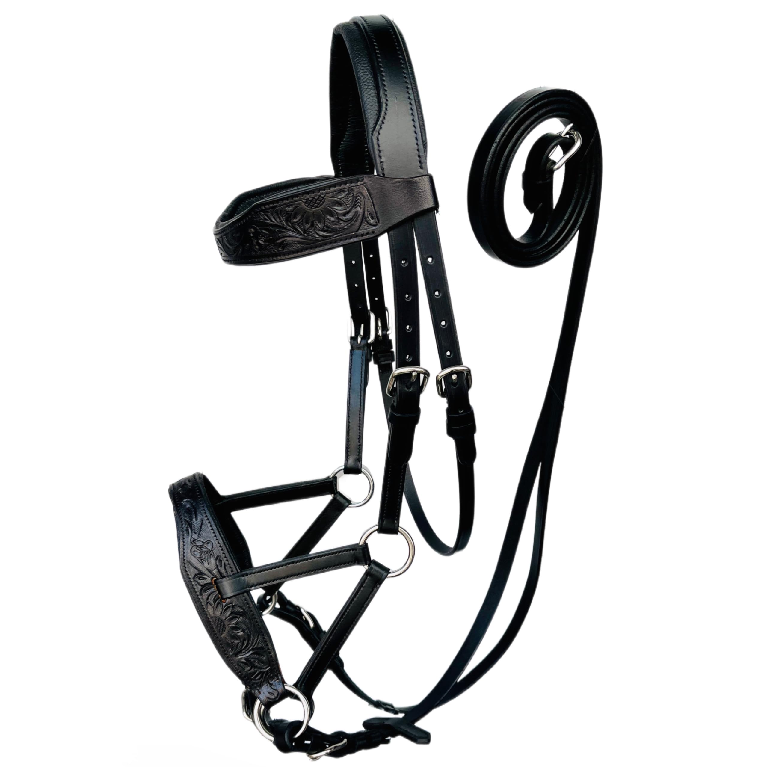 Kayfcrafts Oiled Leather Horse Side Pull Bitless Bridle Full Leather Reins (Black, Cob)