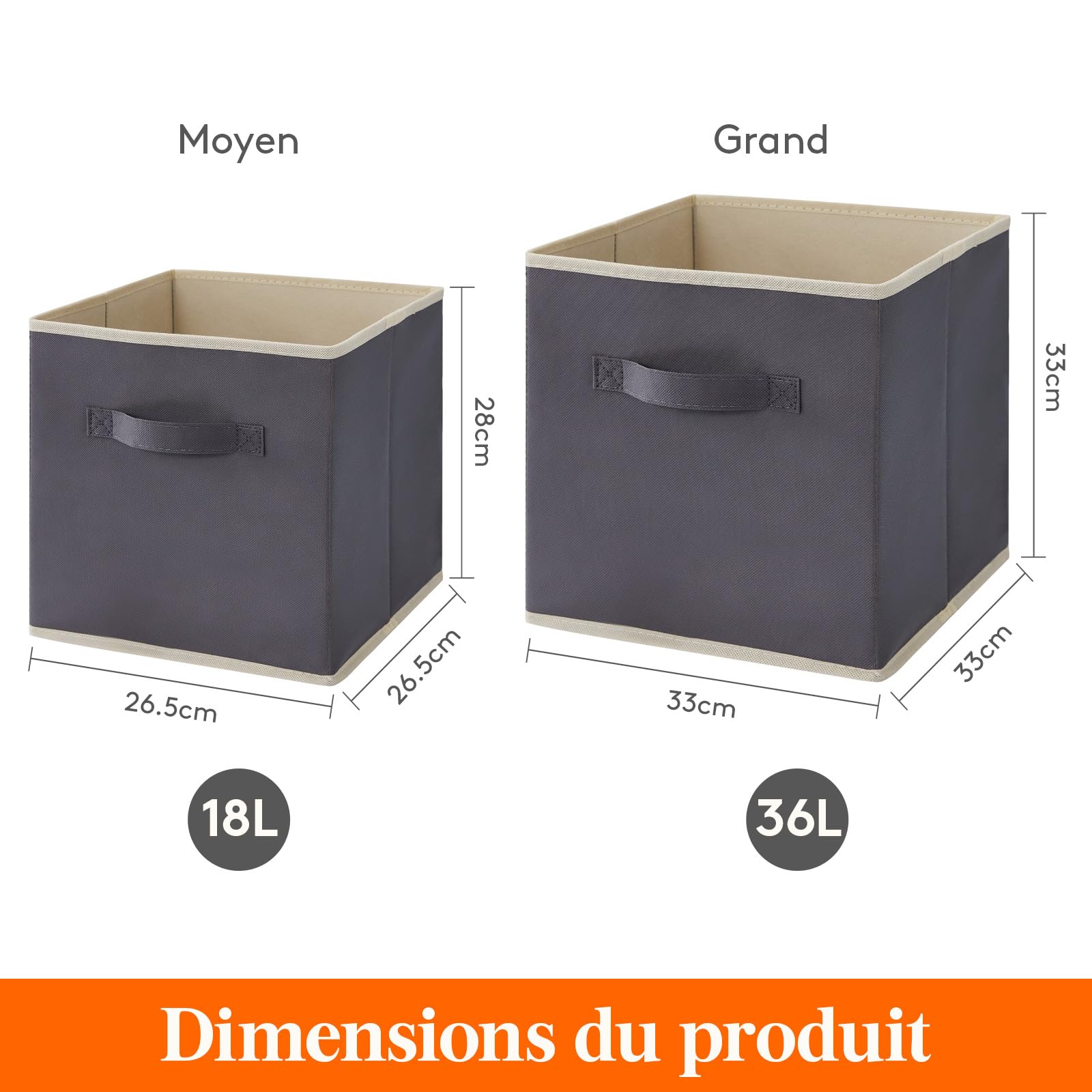 Lifewit Lot de 8 Cubes de Rangement Pliables, Panier en Tissu, Caisse, Boites Rangement avec Poignées, Organisateur pour Vetements, Jouets, 33 x 33 x 33 cm, 36 L, Gris