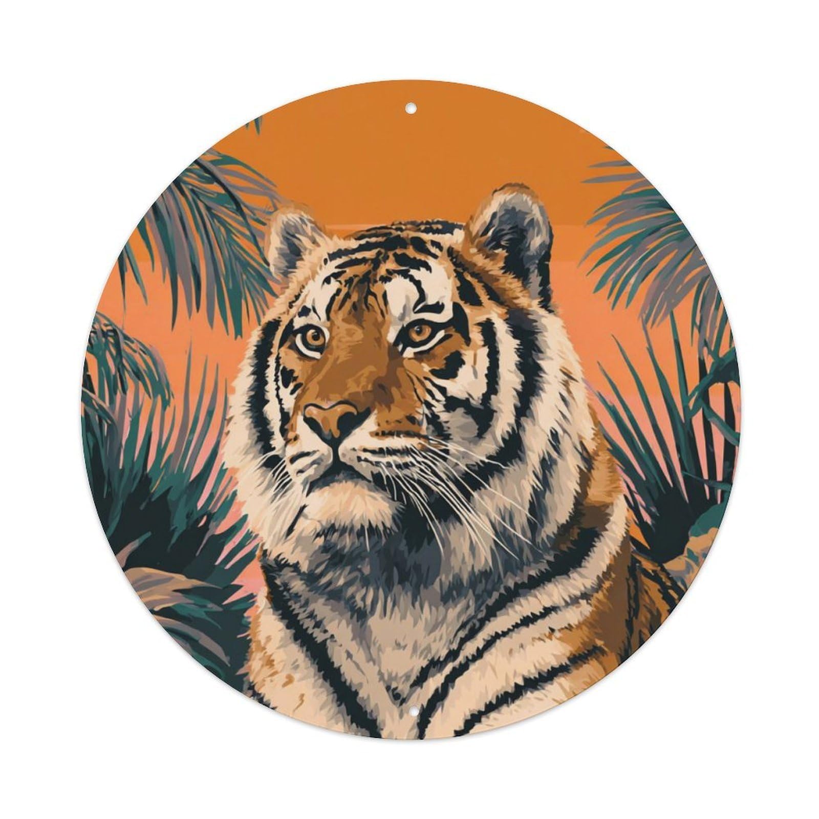 Retro Animal Tiger Tropical Jungle Plants Illustration Vintage Metal Tin Sign Plaque Wall Decor for Cafe, Club Bar, Office, Garden Metal Poster 8x8Inch