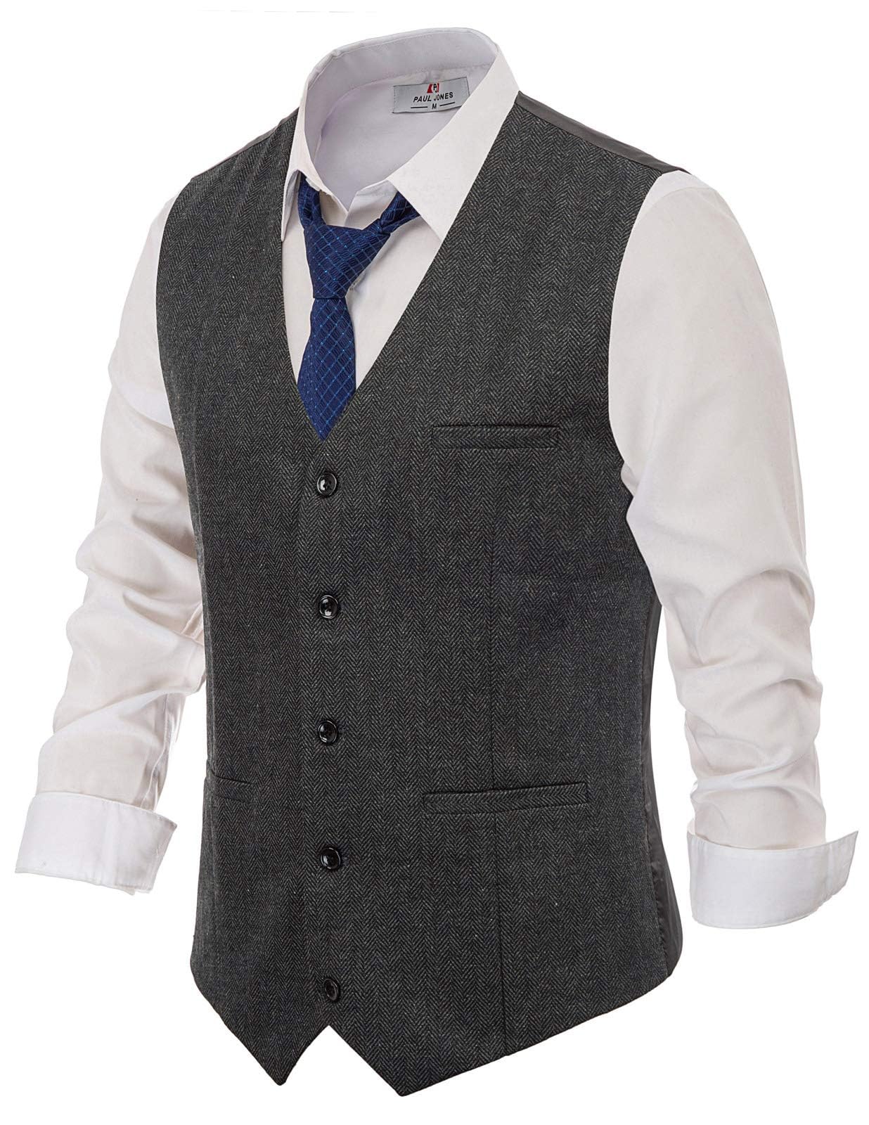 Men's Herringbone Tweed Suit Vest Casual Wool Blend Waistcoat