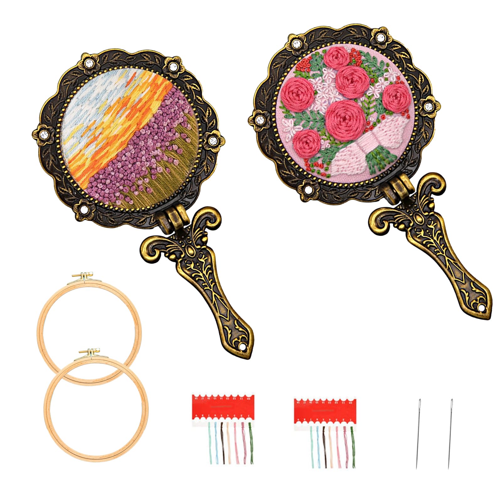 2 espejos de mano bordados de mano, espejo de maquillaje de flores vintage, espejo de bolsillo plegable para manualidades, juego de espejo de bordado para principiantes, regalo para niñas y mujeres
