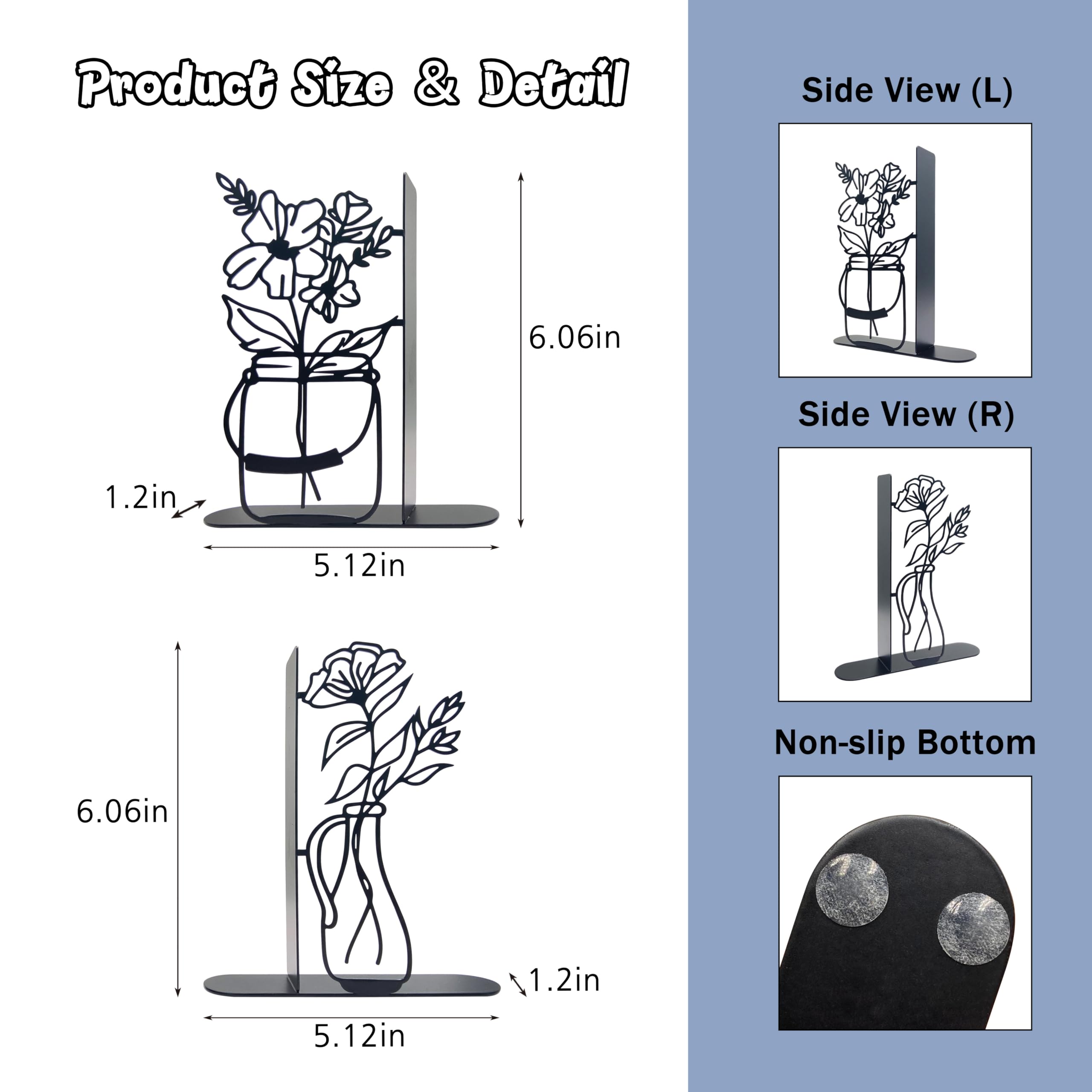 Metal Flower Book Ends, Cute Book Ends for Home Office Decor Decorative Book Ends for Shelves, Ideal Gift for Book Lovers(Black)