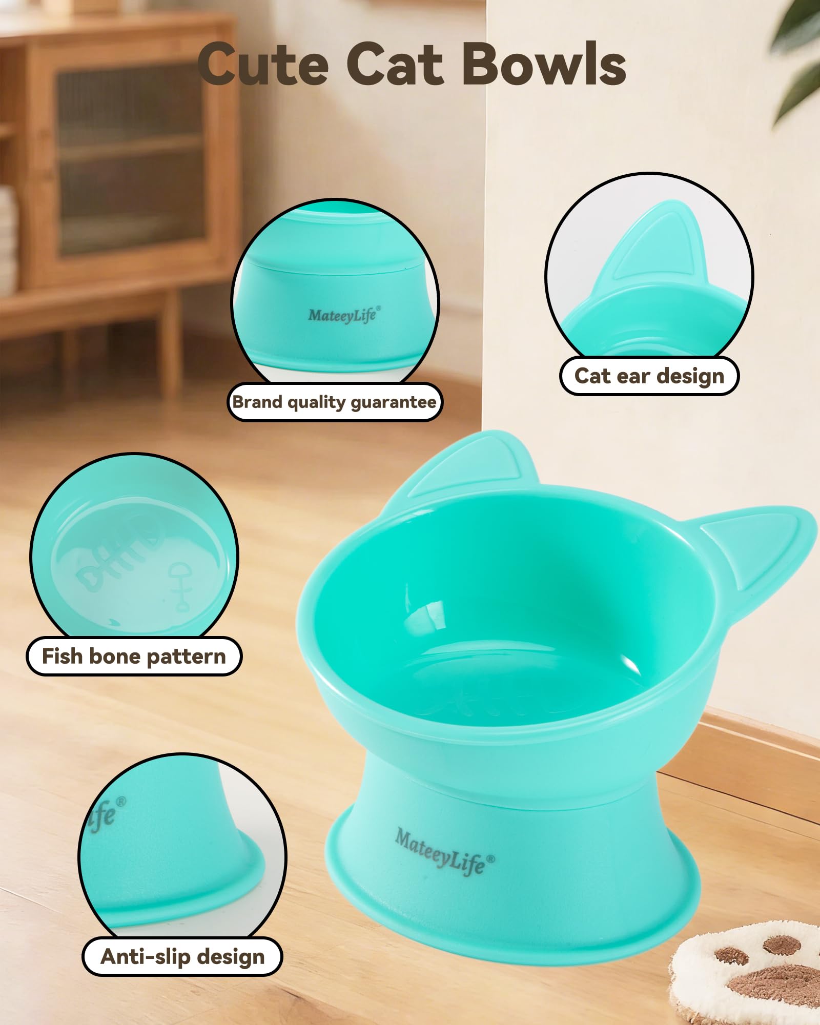 MateeyLife Ciotole per Gatti Rialzate, Set da 2 Ciotole Rialzate per Gatti con 15 Gradi, Ciotola Rialzata per Gatti da Interno e Cani di Piccola Taglia, Anti-affaticamento dei Baffi,Rosa & Verde