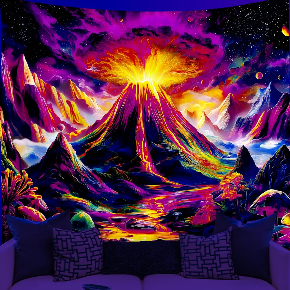 WEBEEDY Blacklight Volcano Tapestry Wall Hanging Starry Space Trippy Tapestry Plant Mushroom UV Reactive Posters Nature Backdrop for Bedroom Living Room Wall Decor Party Backdrop Photo, 150x130cm