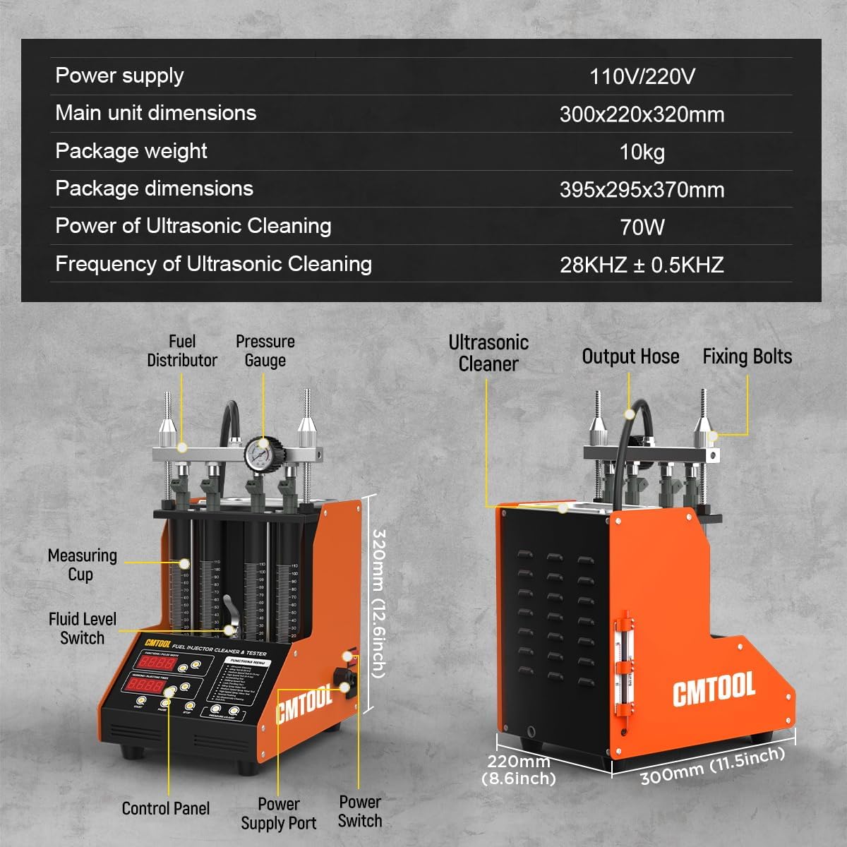CMTOOL 12 Functions Ultrasonic Fuel Injector Cleaner Tester Machine, 70W 4-Cylinder Injector Cleaning & Testing Kit, 9 Test Modes, No-Dismantle Reverse Flush Cleaning, for Car Motorcycle EGI Vehicles
