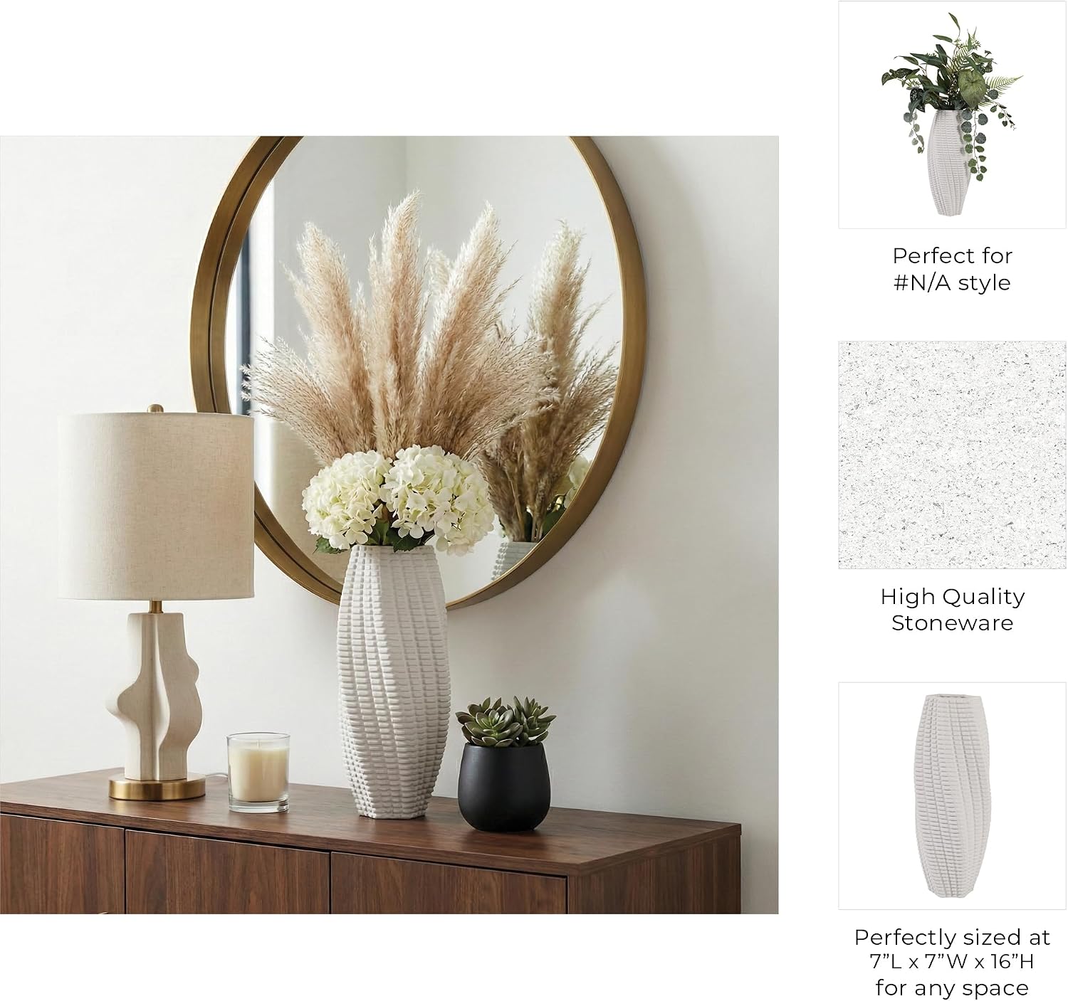 Tall 3D Vase with Grid Texture for Living Room Decor - Contemporary Flower Vase for House, Bedroom, and Office Space - Decorative Home Decor Accent for Console Table or Shelf Display - 16", White