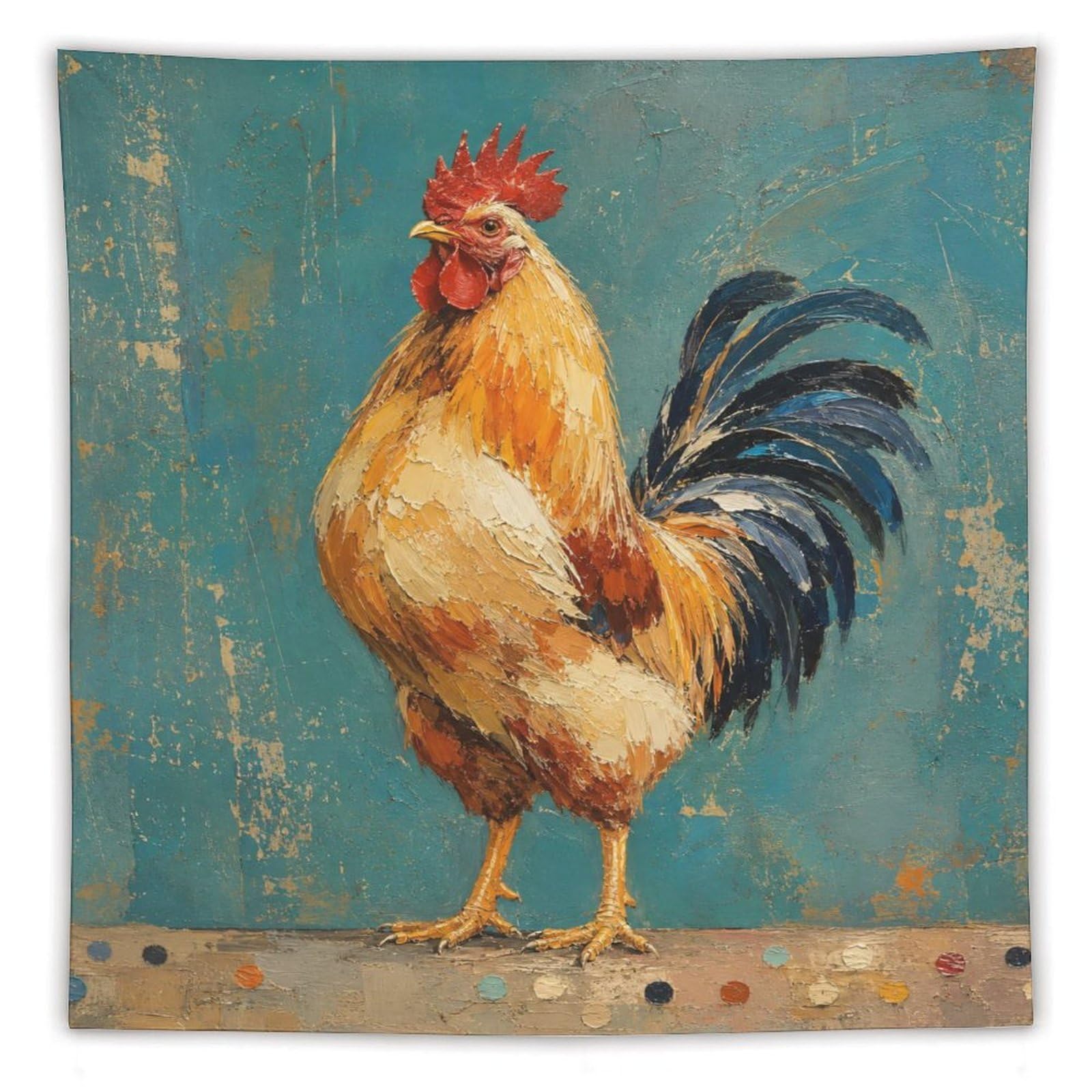 W7C8U2X3 Rooster Blue Background Wall Tapestry, Rustic Feathers