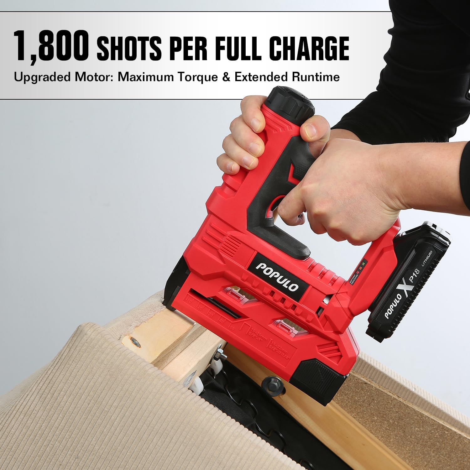 POPULO 20V Nail Gun Battery Powered, 18 Gauge 2 In 1 Cordless Brad Nailer Stapler for Carpentry and Upholstery, Electric Staple Gun Includes a 2.0Ah Battery, Charger, 1600 Pcs Staples and Nails - Image 4