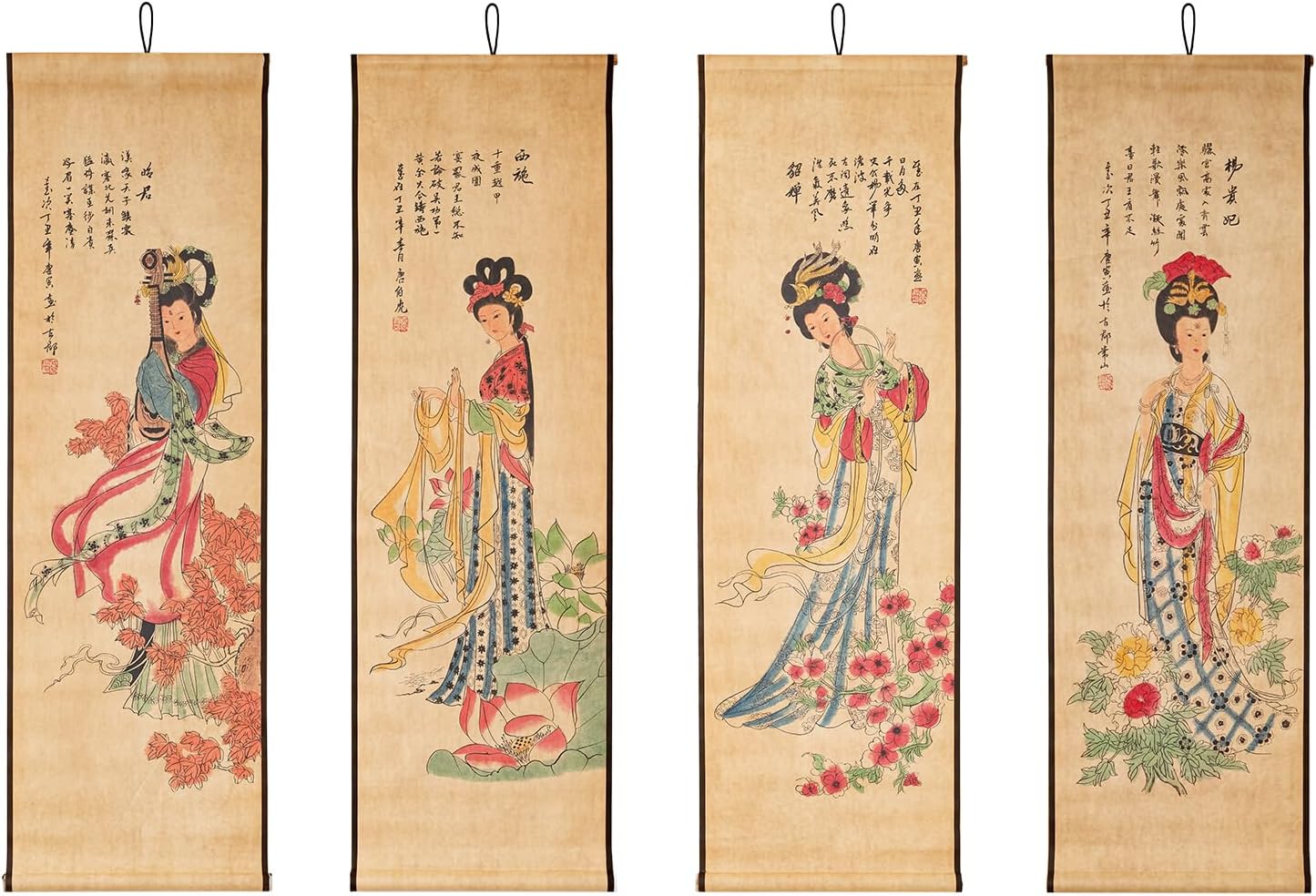 Large Japanese Geisha Woman Wall Art Framed Painting Decor, Four Panel Figure Artwork Old Japan Scroll For Home Sushi Restaurant Walls Hanging