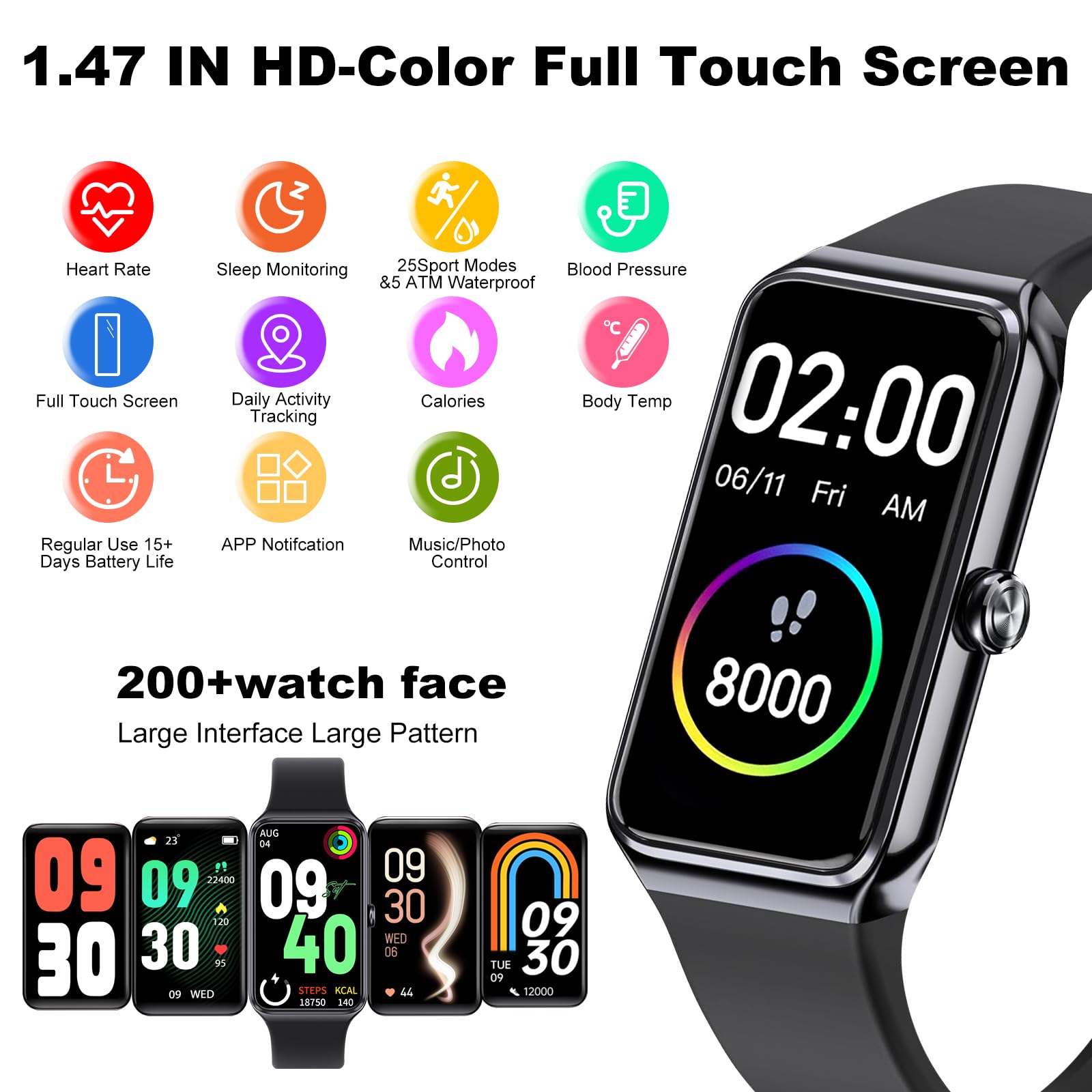 Monitor de actividad física con frecuencia cardíaca 24/7, 104 modos deportivos, monitor de sueño, presión arterial de oxígeno en sangre, IP68, resistente al agua, contador de calorías, podómetro