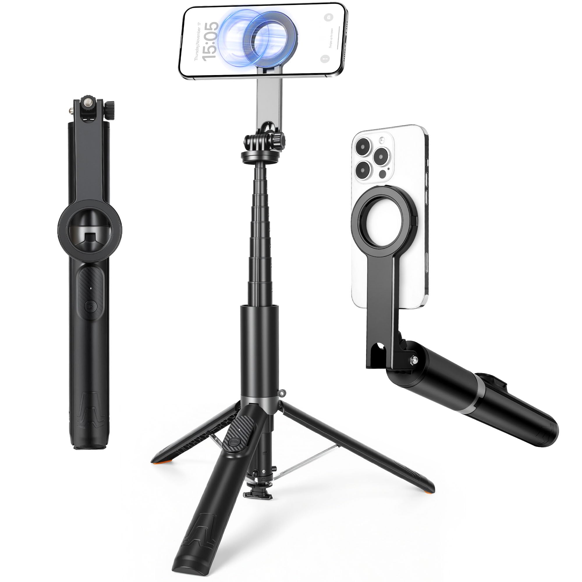 Heliora 64 Magnetic Selfie Stick Tripod Auto-Open Tripod Stand with 360 Rotatable Travel Phone Stand with Metal Ring