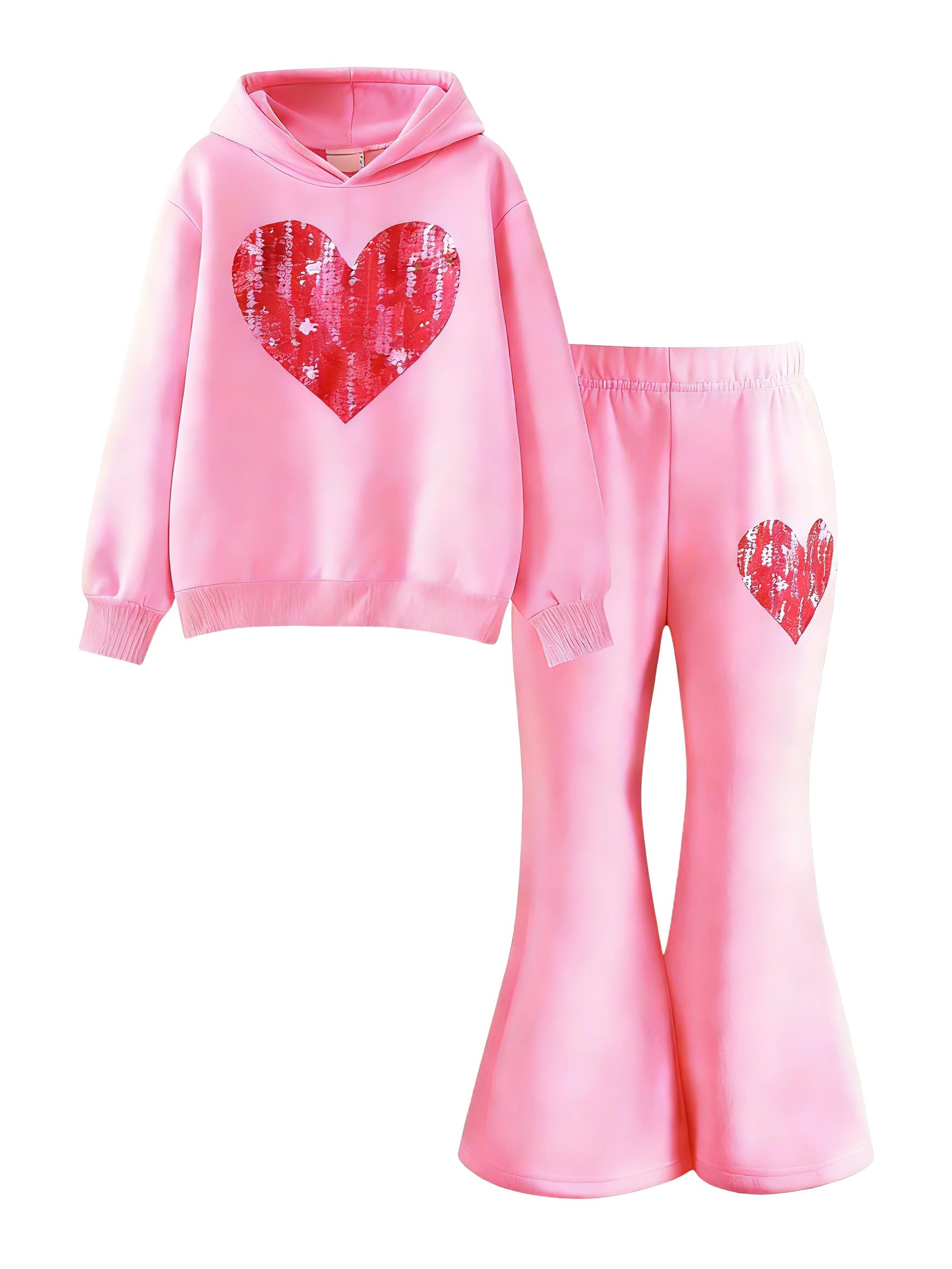 6-13 Years Girls Clothing Heart Print Hoodie Top + Heart Print Flare Leg Pants 2PC Clothing Set