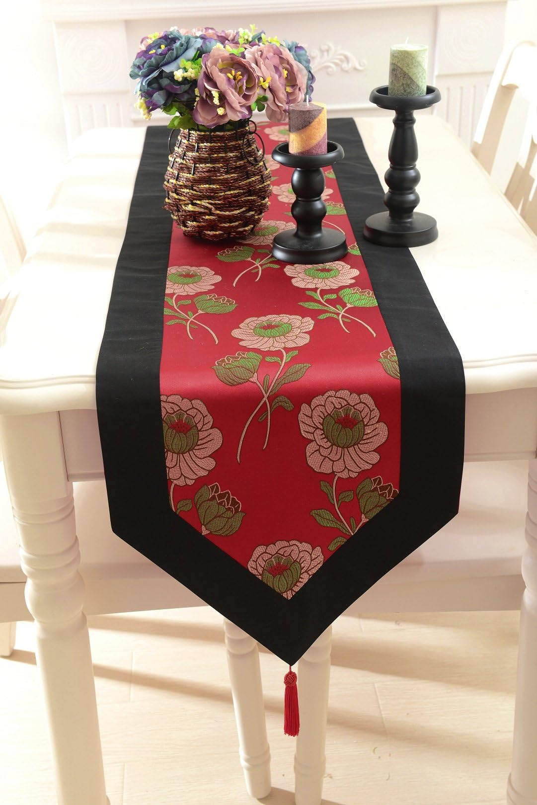 The Bund Story Vintage Floral Pattern Table Runner with Tassels, Red and Black, Luxury Silk Damask/Brocade