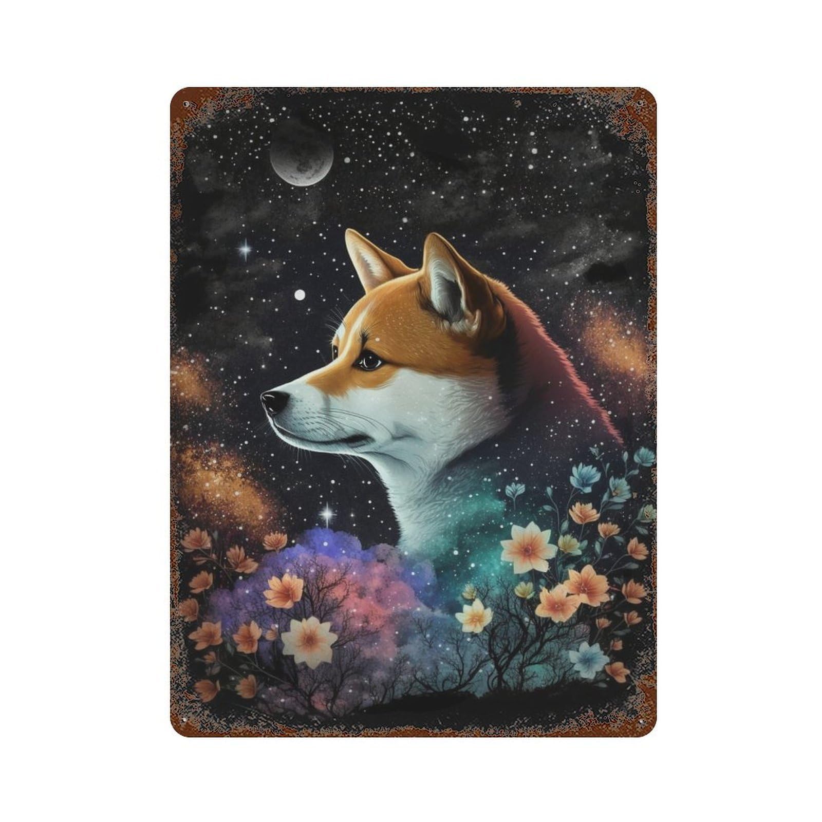 Galactic Fox with Flowers Rusty Metal Tin Sign 15.7"x11.8", for Pub, Kitchen And Man Cave Decor, Novelty Wall Decor