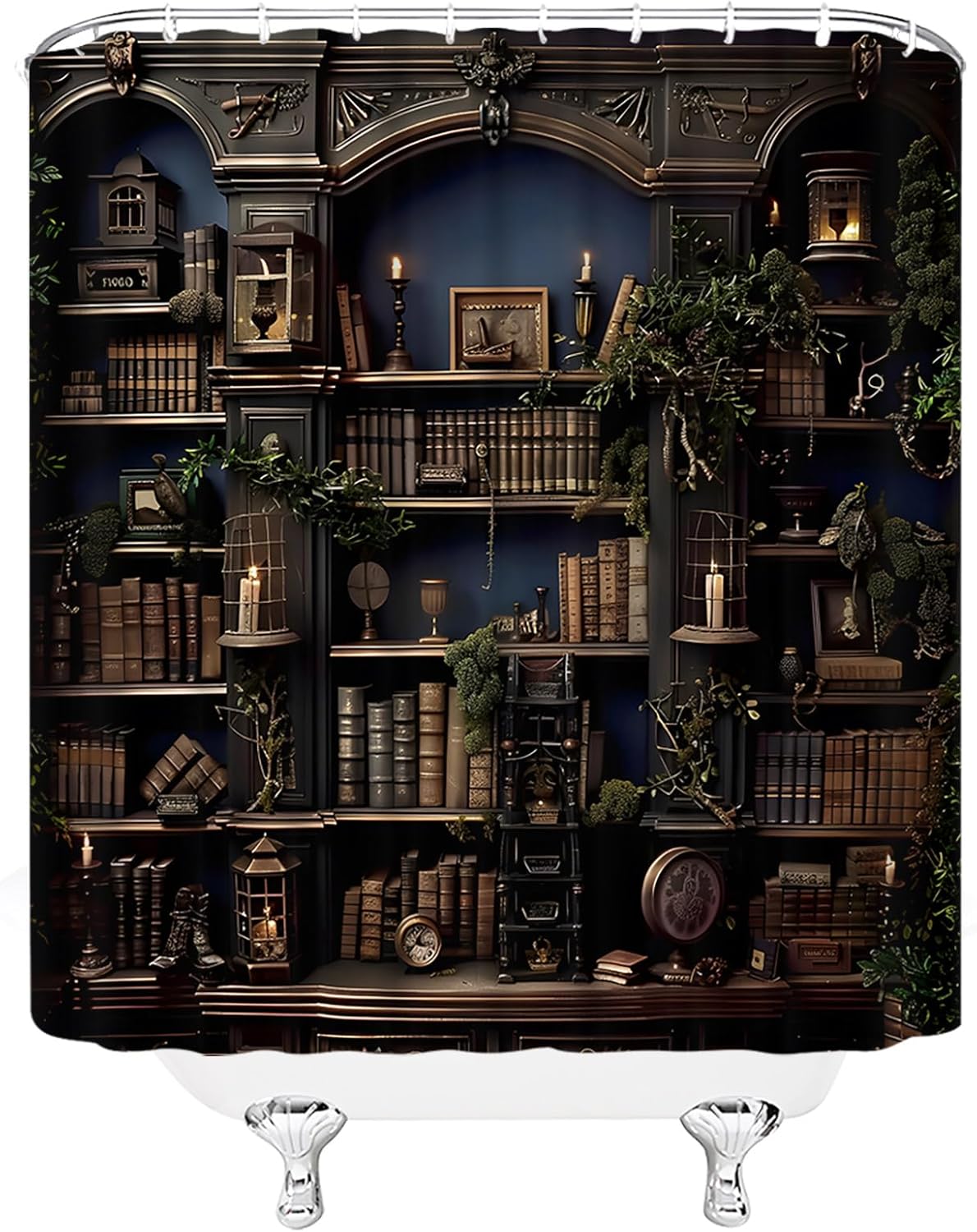 Bookshelf Shower Curtain Vintage Medieval Bookcase Spooky Gothic Dark Academia Library Bathroom Decor Polyester Curtains with Hooks