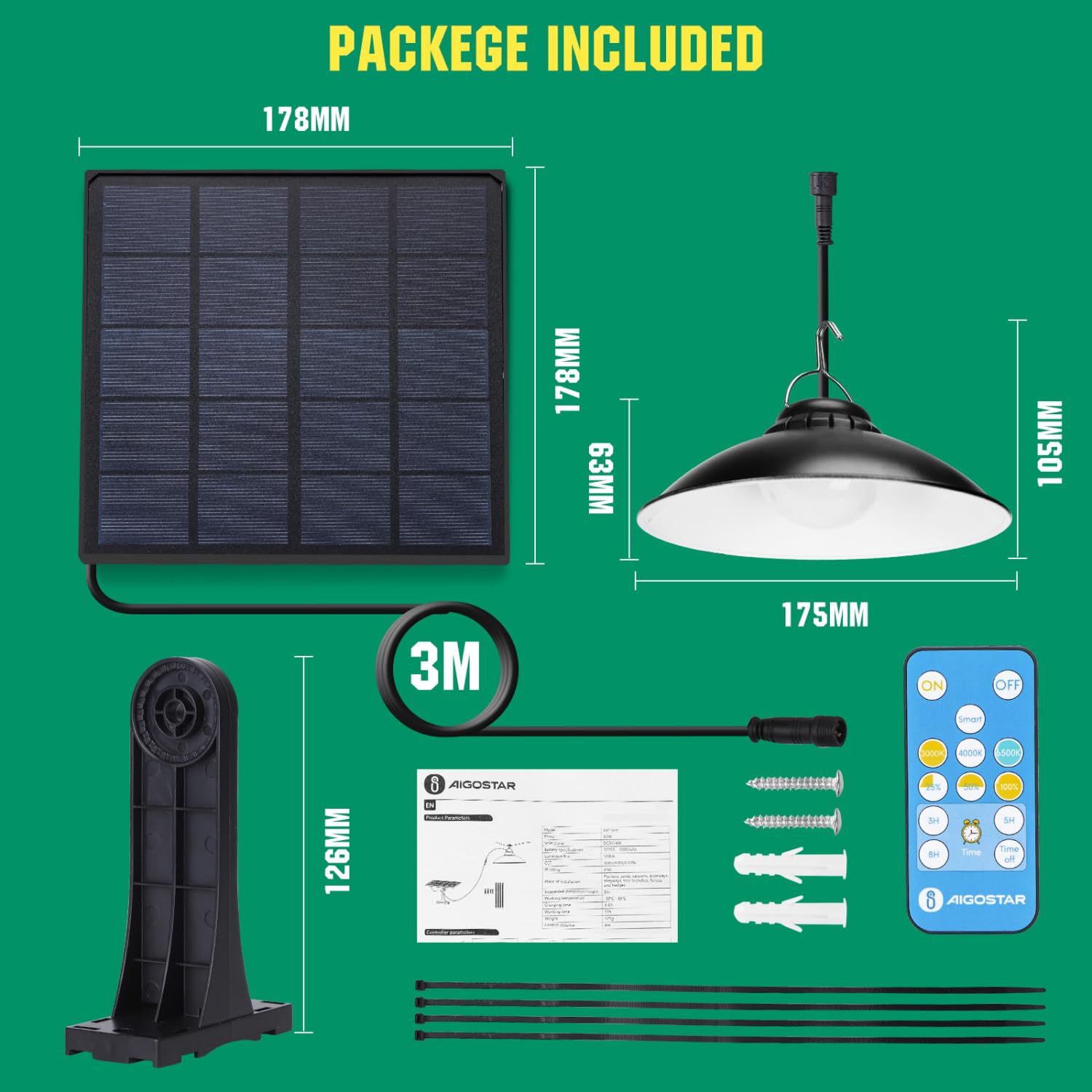 Aigostar - Luz solar exterior con mando a distancia,batería de gran capacidad y resistente al agua IP65, regulable, Lámpara de techo solar con cable de 3 m para jardín/interior/exterior