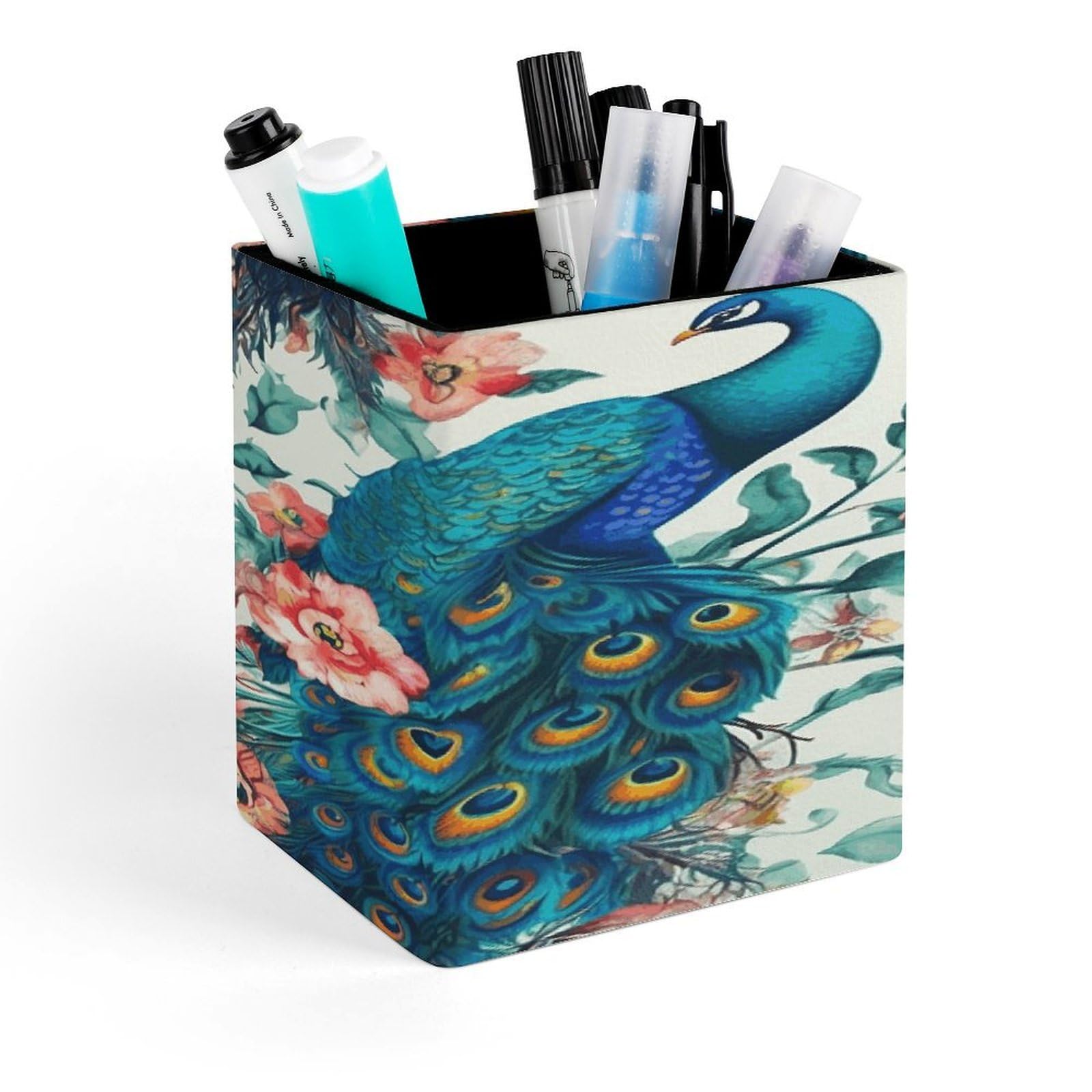 LZQPOEAS Beautiful Peacock Flowers Square Pen Pencil Holder PU Leather Pencil Cup Desktop Stationery Organizer Office Accessories Container