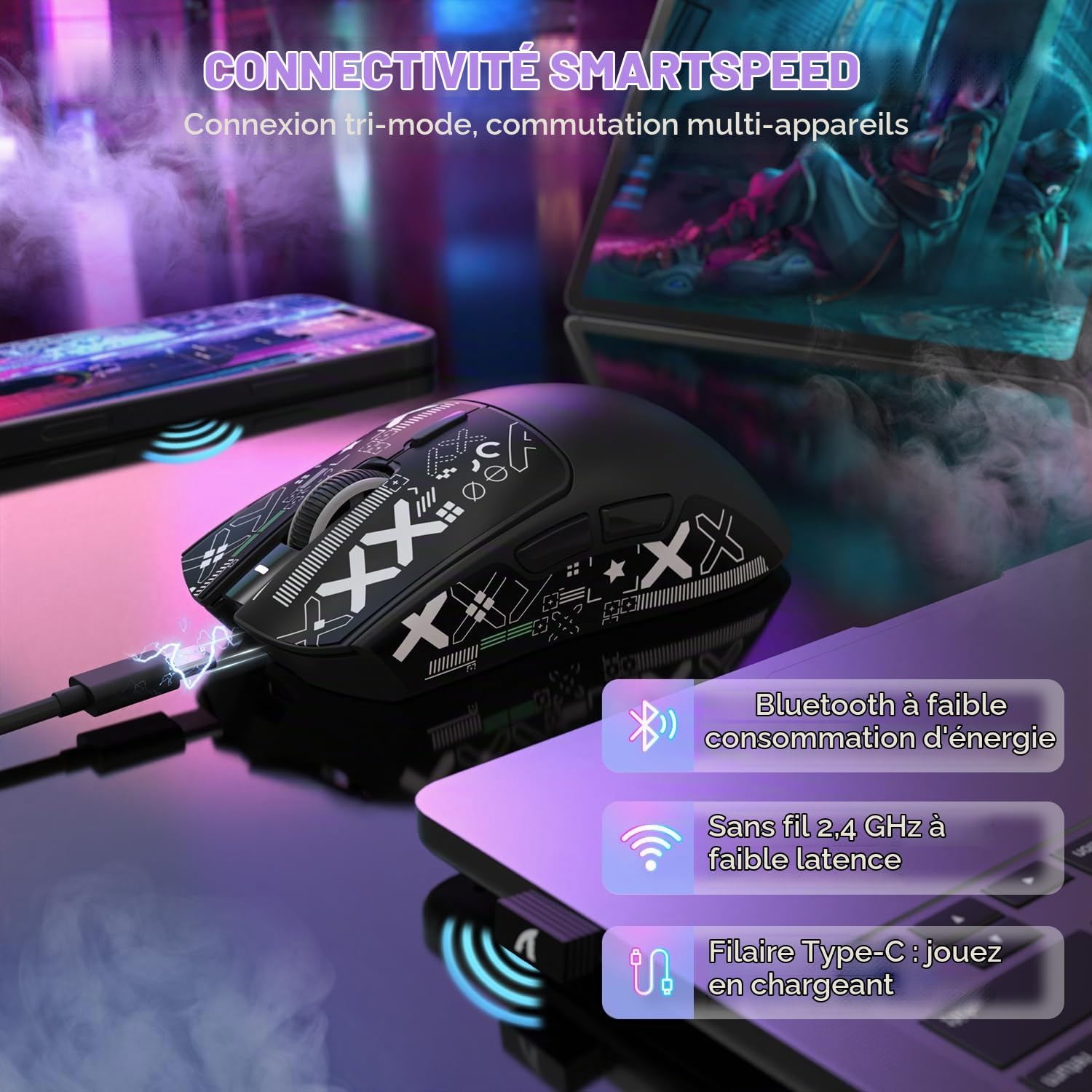 ATTACK SHARK X1 Souris Gaming avec Station de Charge Magnétique, Capteur PixArt PAW3395PRO, 40000DPI, Ultra-légère 49g, Bluetooth/2,4GHz sans Fil/Filaire, Microswitches 100M pour PC/Xbox/Mac - Noir