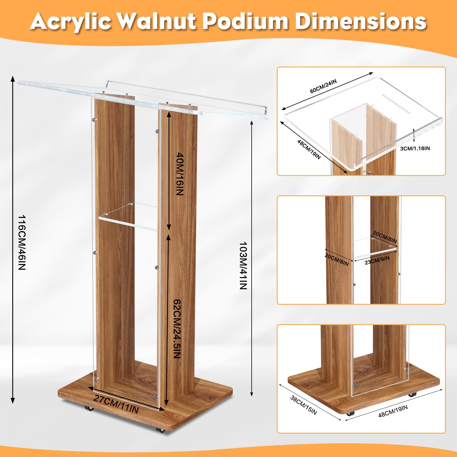 Afitdon Podium en acrylique et bois, Pupitre transparent en acrylique avec étagère de rangement, Chaire d'église avec large plateforme de lecture épaissie, Support de podium stable pour église