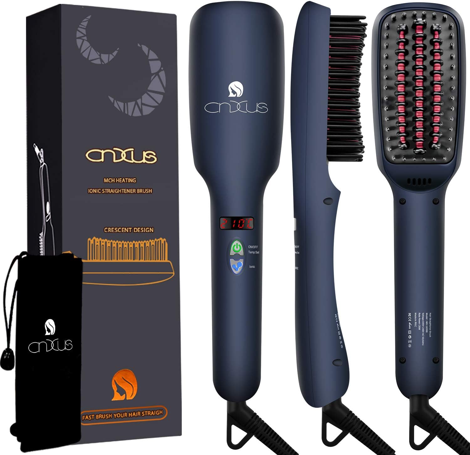 Ionic Hair Straightener Brush, CNXUS MCH Ceramic Heating + LED Display + Adjustable Temperatures + Anti Scald Hair Straightening Brush, Portable Frizz-Free Hair Care Silky Straight Heated Comb
