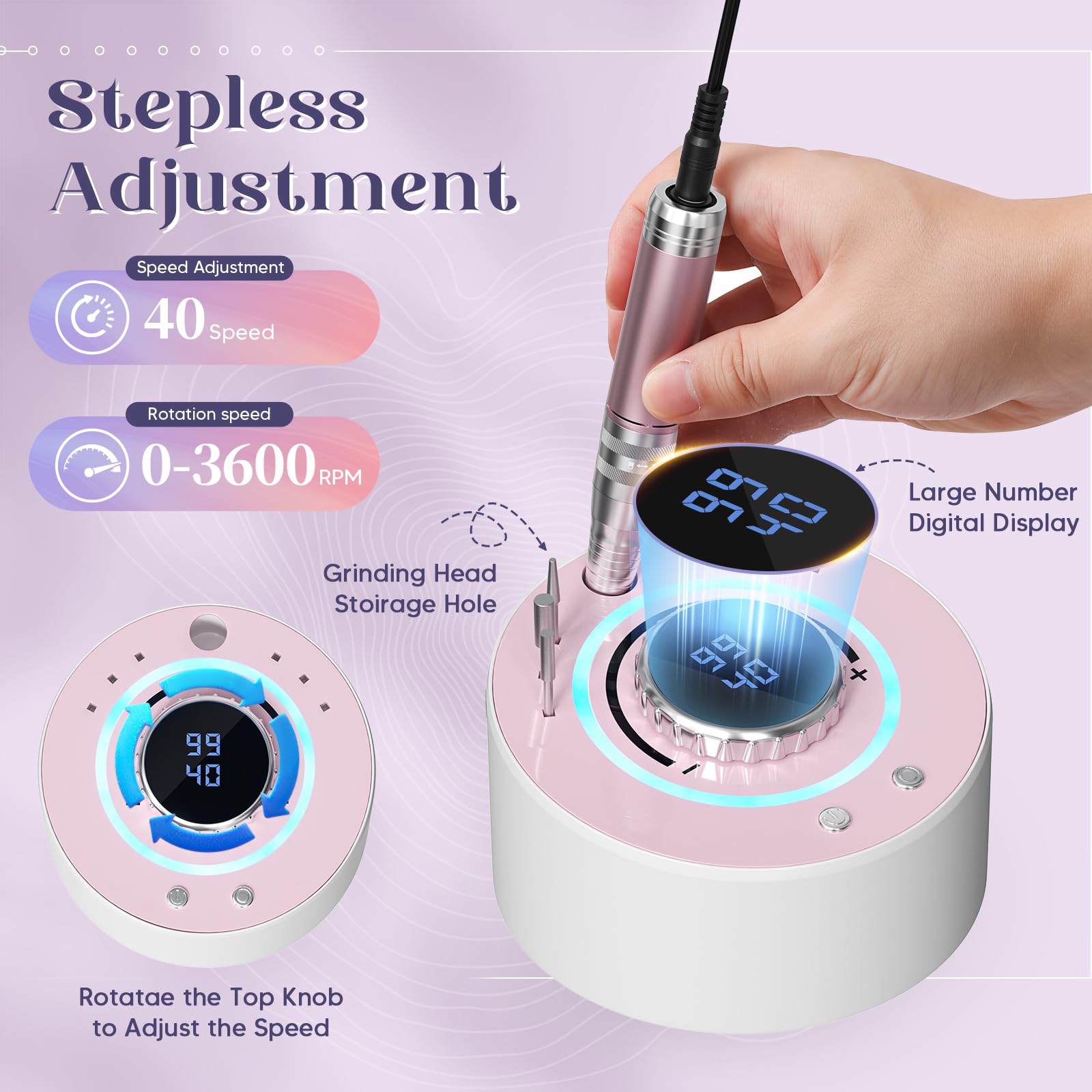 Fresa per Unghie Professionale 36000 RPM, Fresa Per Unghie Con 12 Testine Di Levigatura, Display LCD Ricaricabile Batteria Design, per Manicure e Pedicure Rimozione Smalto Calli e Duroni (Rosa)