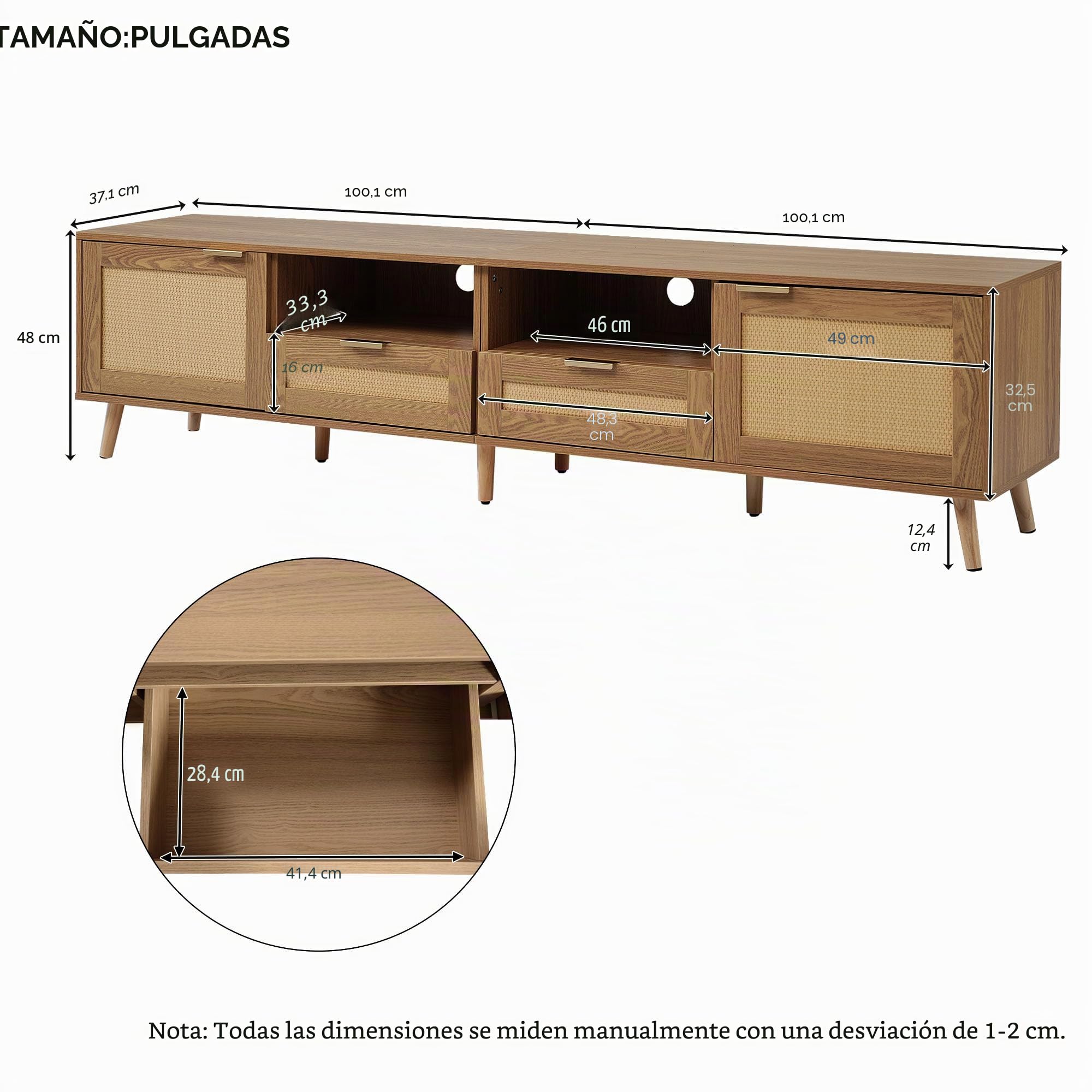 Azkoeesy Mueble para TV de 200 cm de largo, de ratán, con patas de madera maciza y asa, 2 cajones y 2 puertas, color roble