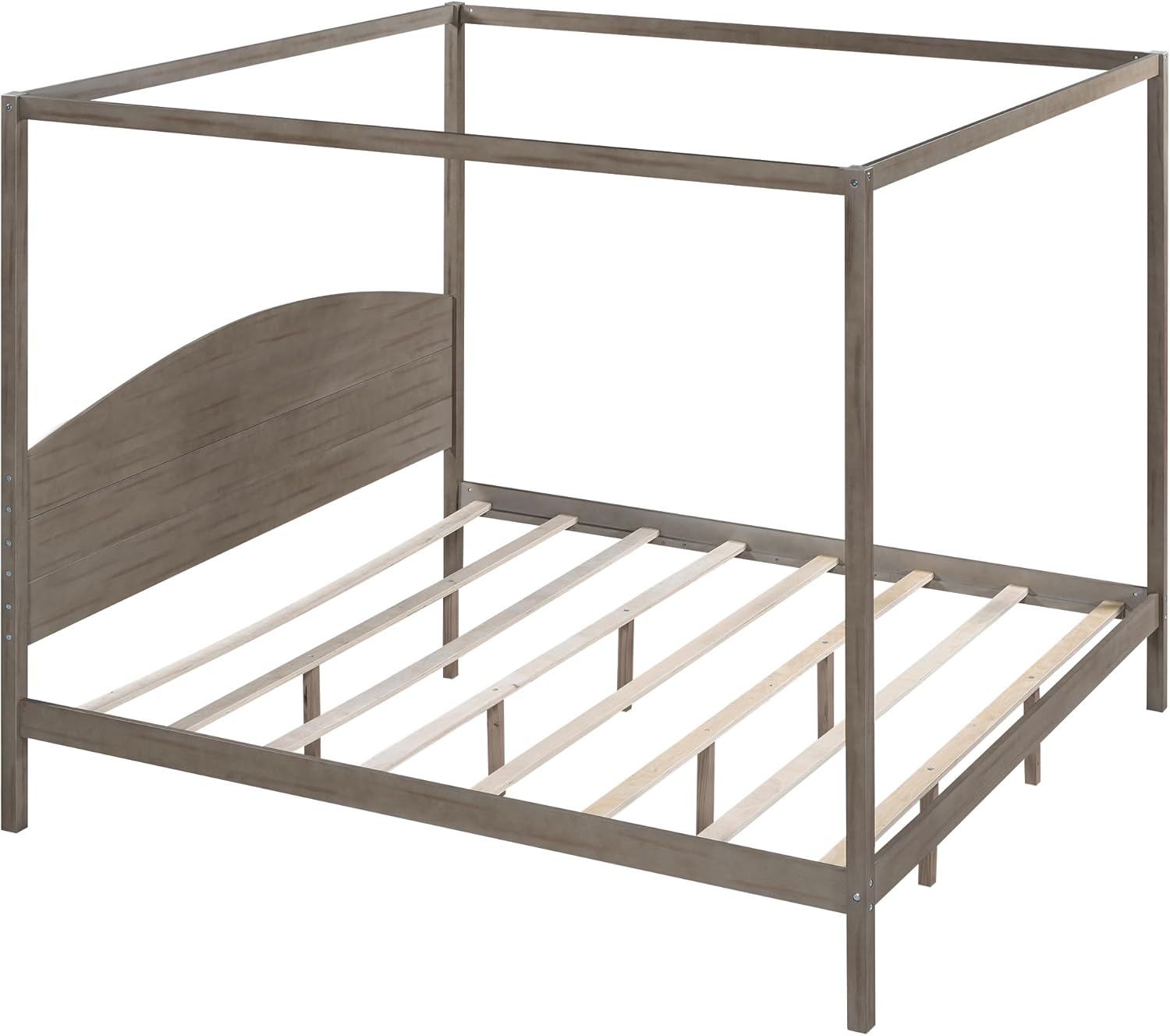 King Size 4-Poster Canopy Bed with Headboard and Slats Support Legs, Modern Wooden Platform Bed Frame for Kids Teens Adults Bedroom, No Box Spring Needed (Brown Wash-03)