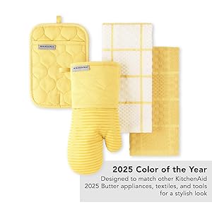 KITCHENAID Quilted Cotton Terry Cloth Oven Mitt, Pot Holder, Kitchen Towel 4-Pack Set, Heat Resistant, Silicone Grip, 16"x26", 7"x13" & 7"x10", Butter Yellow