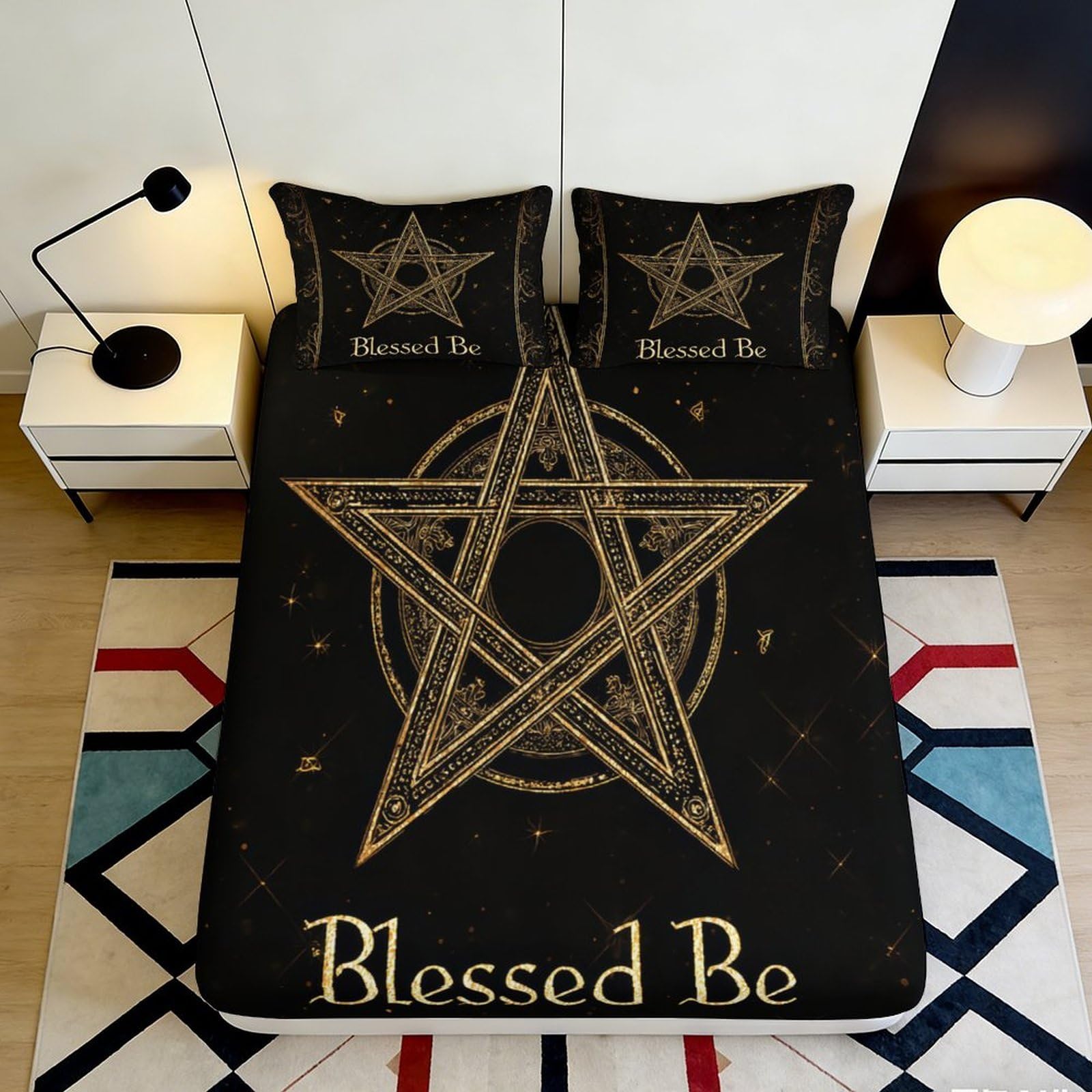 3D Printed Pentagram Fitted Sheet Microfiber Soft Black Mystical Stars Mattress Cover for Bedroom Dorm Decor 90x200x25cm