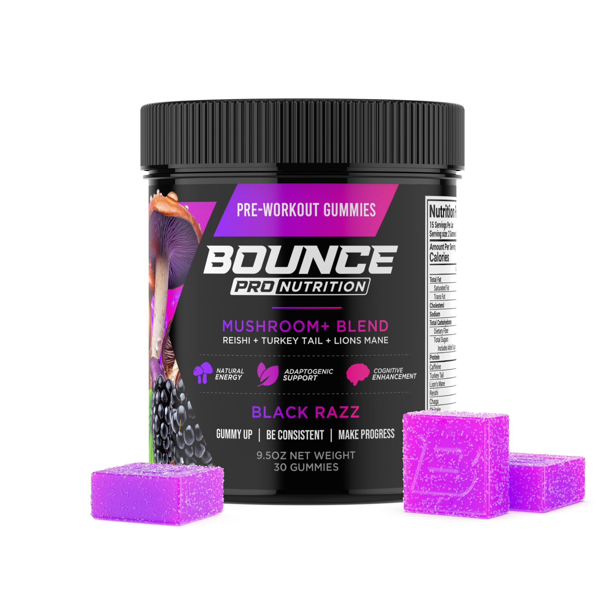 Bounce Pro Pre Workout Gummies – 30 Vegan Chewable Gummies with 180mg Caffeine, Lion’s Mane & L-Theanine for Energy, Focus & Endurance – Mushroom Preworkout for Men & Women – Black Razz Flavor Black Razz 30 Count (Pack of 1)