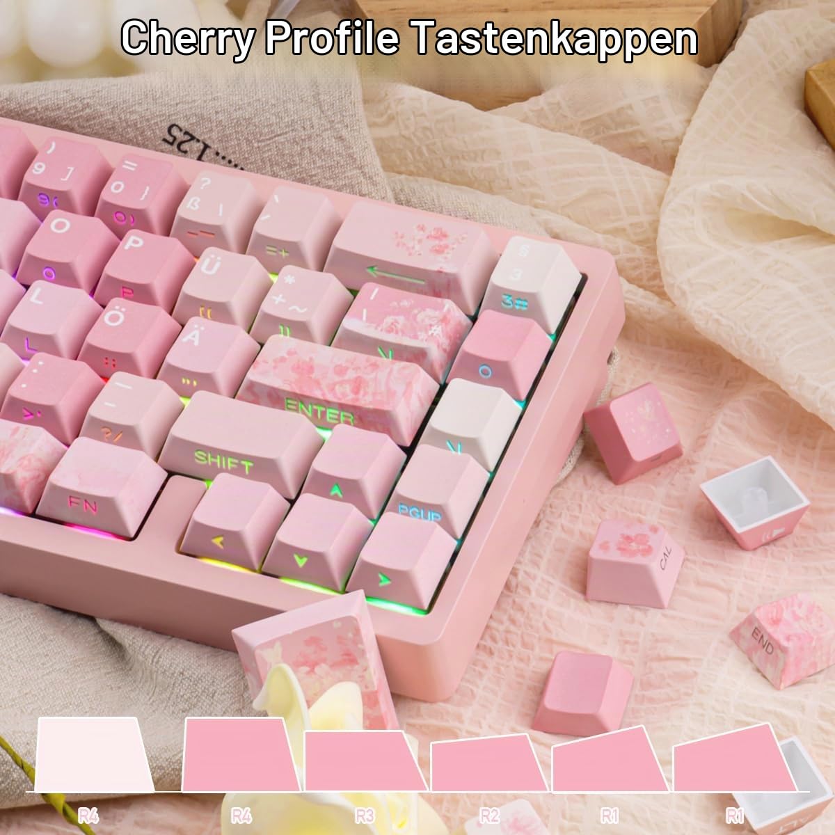 PBT German Keycaps, 133 Keys Double Shot Pink Cherry Blossom Keycaps Dye-Sub Cherry Profile Side Printed Shine Through Keycap for Cherry MX Switch ISO QWERTZ Layout Mechanical Keyboards