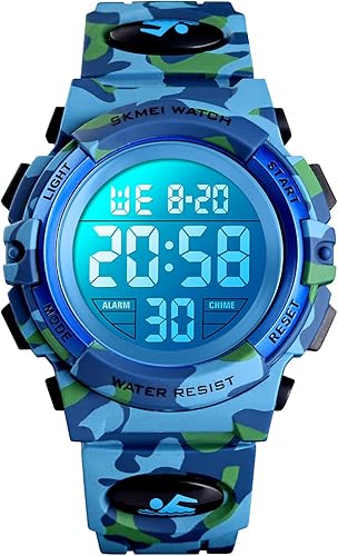 Reloj deportivo para niños y niñas con LED impermeable digital electrónico casual militar con correa de silicona con alarma luz azul claro
