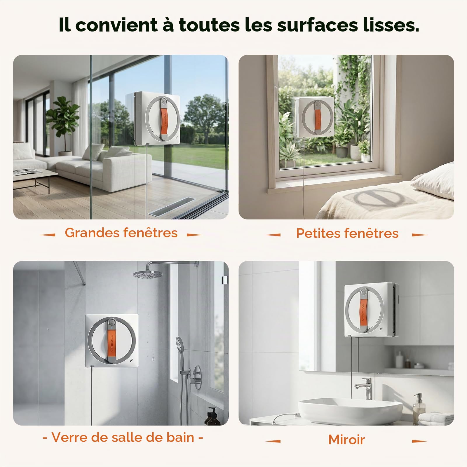 Tosima Robot Laveur de Vitre WA9C Pro, Nettoyeur Vitre Automatique avec 4 Buses de Pulvérisation, 6 Modes de Nettoyage avec Planification Intelligente, Aspiration Extra-Forte & Télécommande