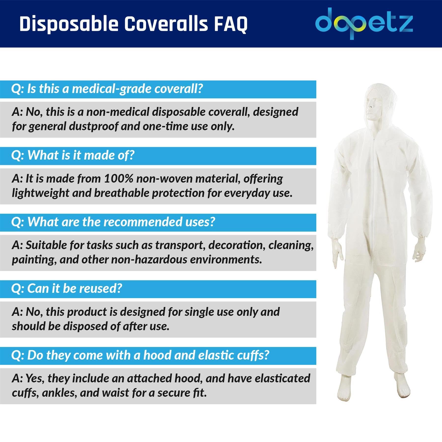 Dapetz ® Lot de 20 combinaisons de protection jetables en papier XXL 146 cm, durables et confortables dans un environnement de travail non dangereux, non tissé.