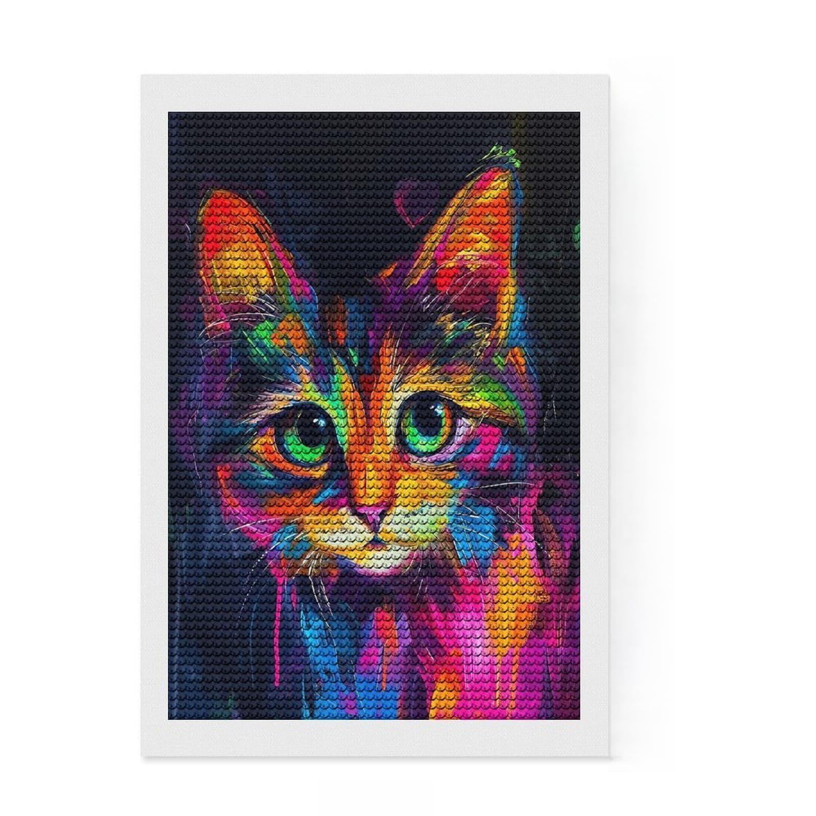 Junmoney Colorful Cat Portrait Painting Round Drill Diamond Painting 8"x12", for Teens, Good for Quiet Evenings, Aesthetic Room Decor, Holiday Gift Idea