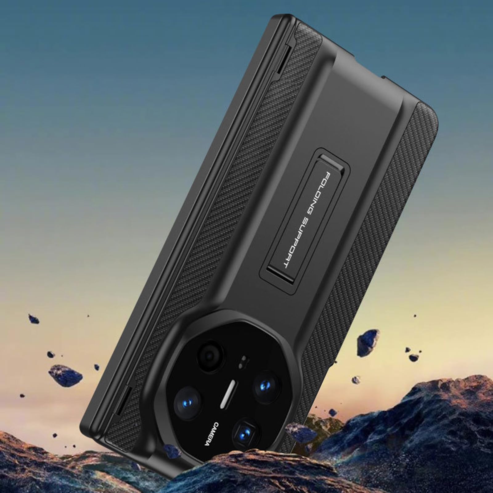 Ultra cienkie etui do HUAWEI Mate X6, odporne na wstrząsy etui ochronne z ukrytą podpórką, tekstura włókna węglowego, czarne, Mate X6